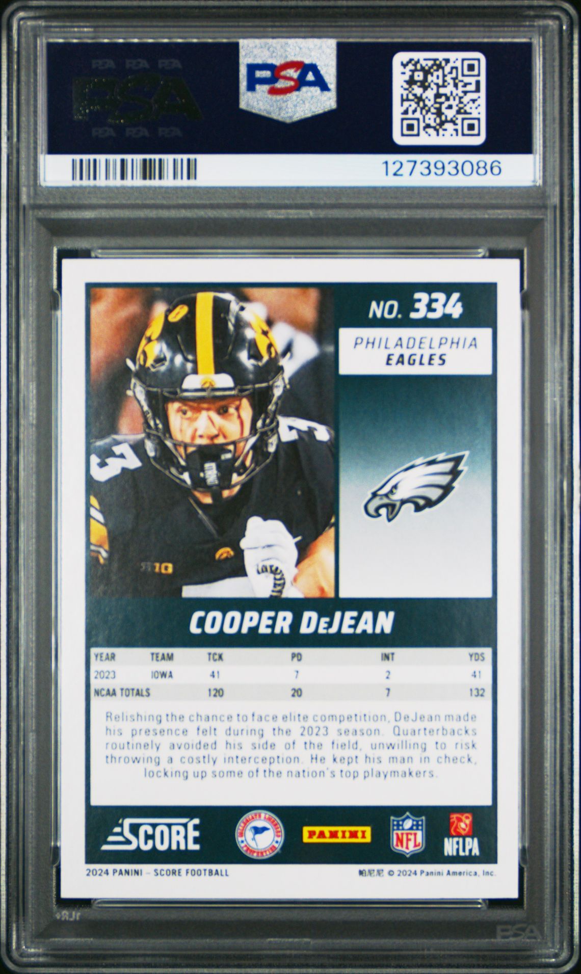 2024 Panini Score Cooper Dejean #334 Gem Mt 10 back view - PSA certificate #127393086