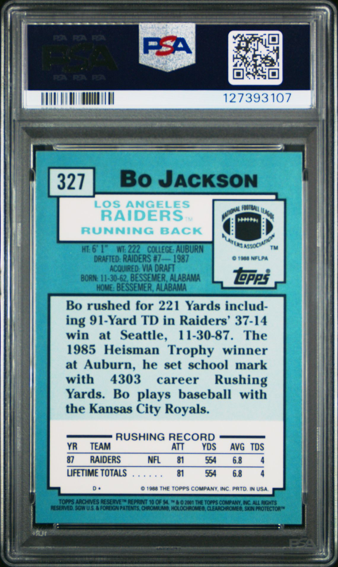 2001 Topps Archives Reserve Bo Jackson #10 Nm-Mt 8 back