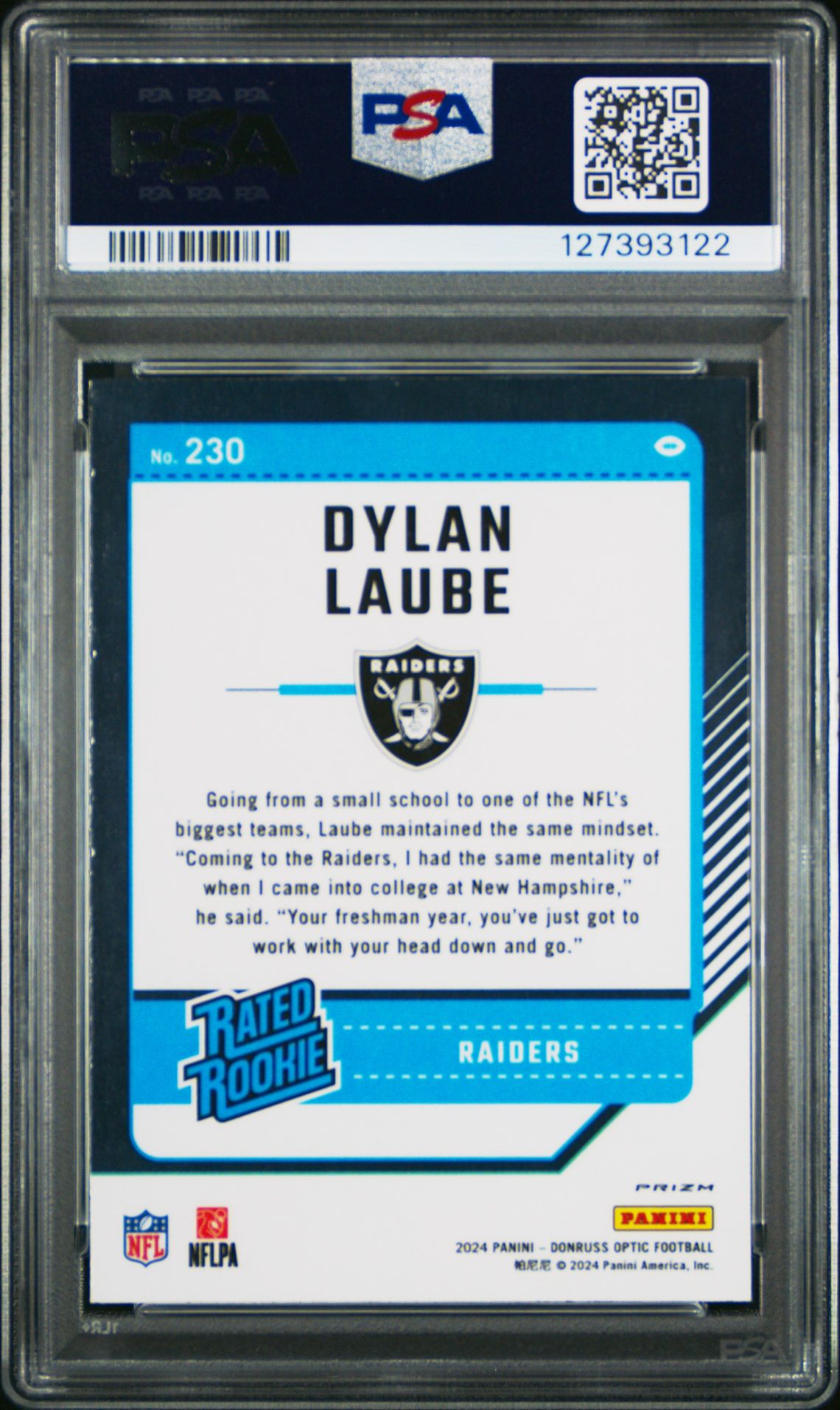 2024 Panini Donruss Optic Dylan Laube #230 (Blue Hyper) Mint 9 back