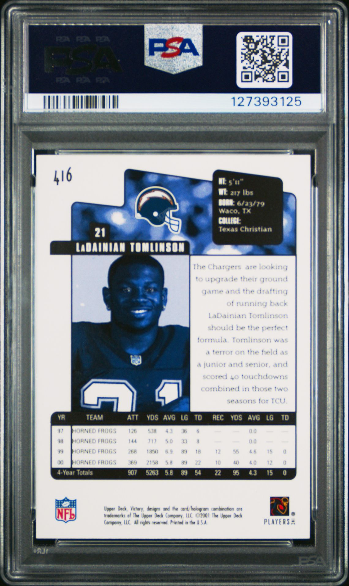 2001 Victory Ladainian Tomlinson #416 Mint 9 back