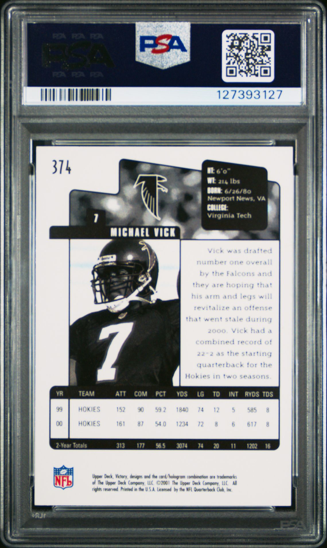 2001 Victory Michael Vick #374 Gem Mt 10 back