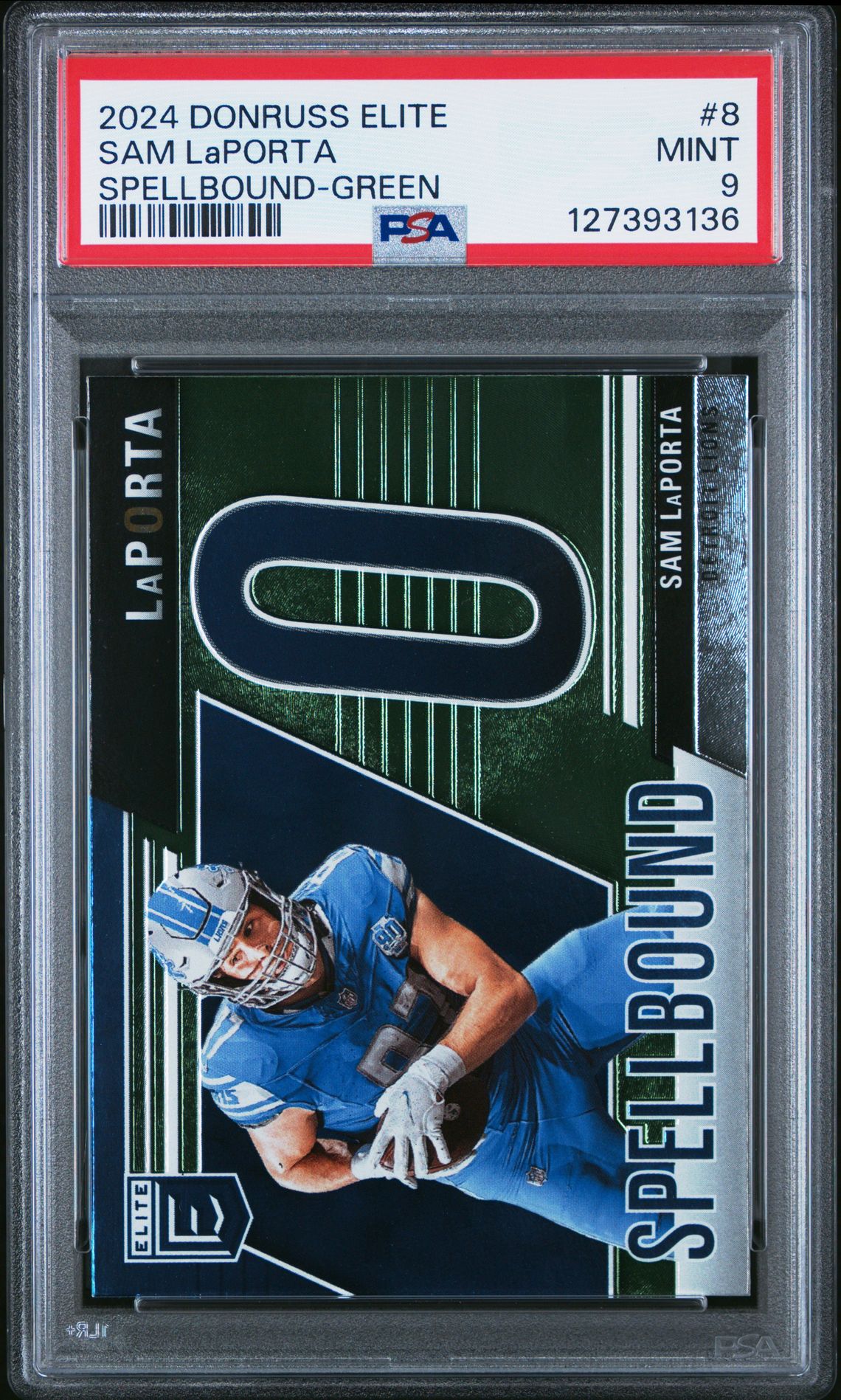 2024 Panini Donruss Elite Spellbound Sam Laporta #8 (Spellbound-Green) Mint 9 front