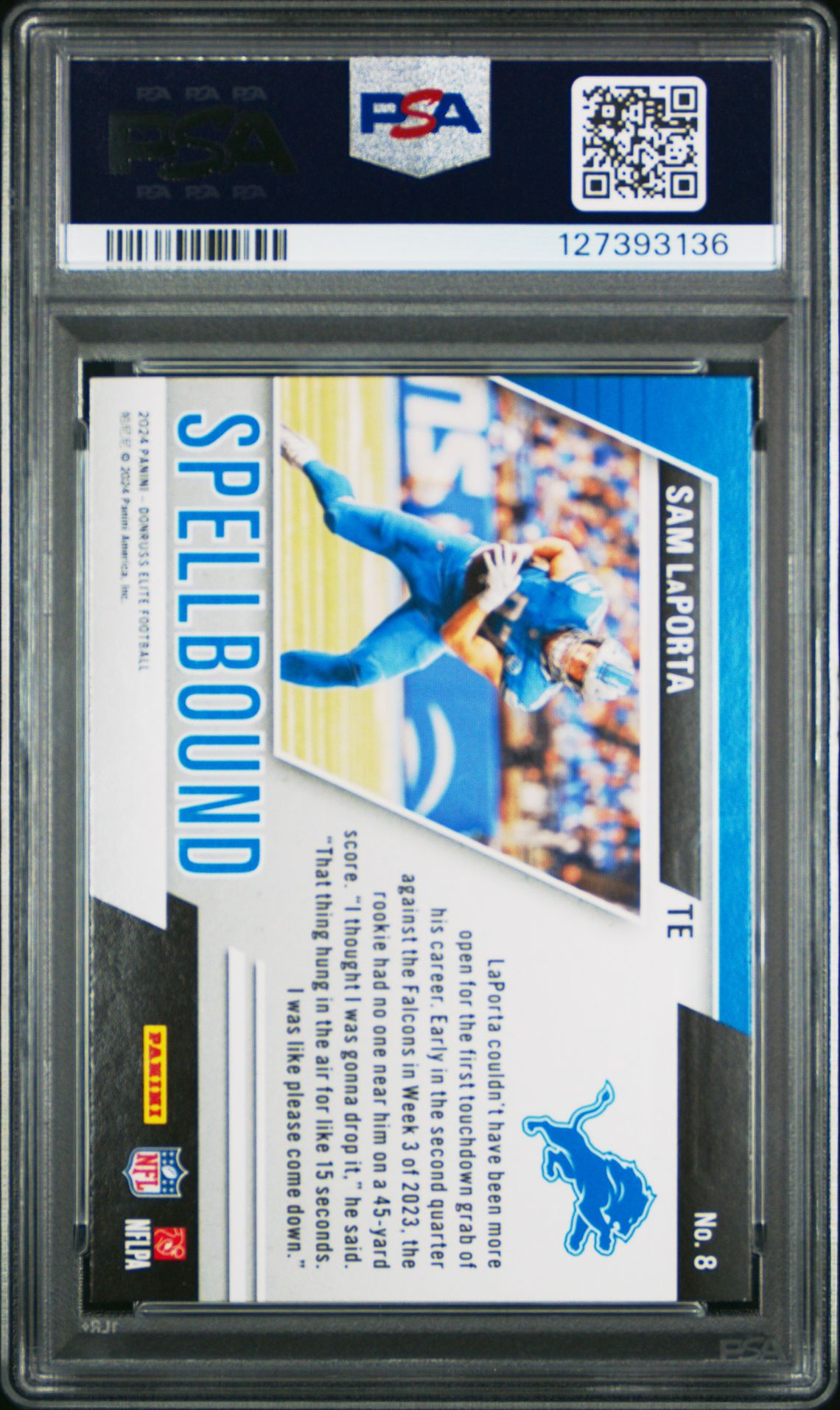 2024 Panini Donruss Elite Spellbound Sam Laporta #8 (Spellbound-Green) Mint 9 back