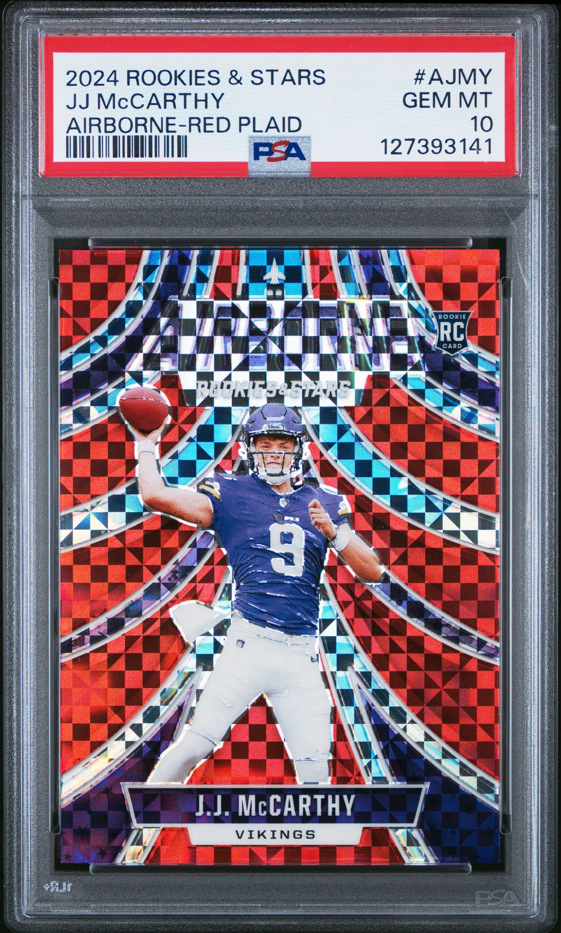 2024 Panini Rookies & Stars Airborne Jj Mccarthy #Ajmy (Airborne-Red Plaid) Gem Mt 10 front