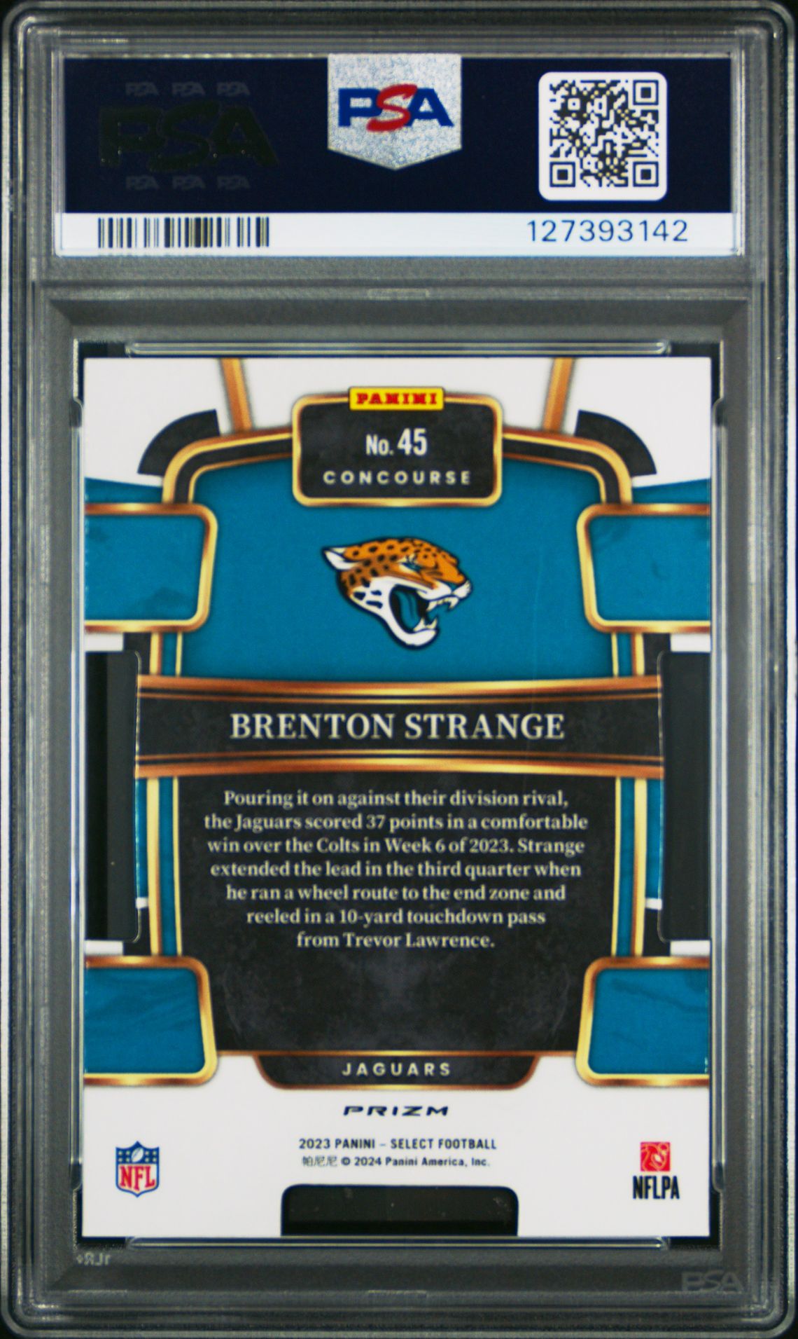 2023 Panini Select Brenton Strange #45 (Die-Cut Black & Green Prizm) Mint 9 back