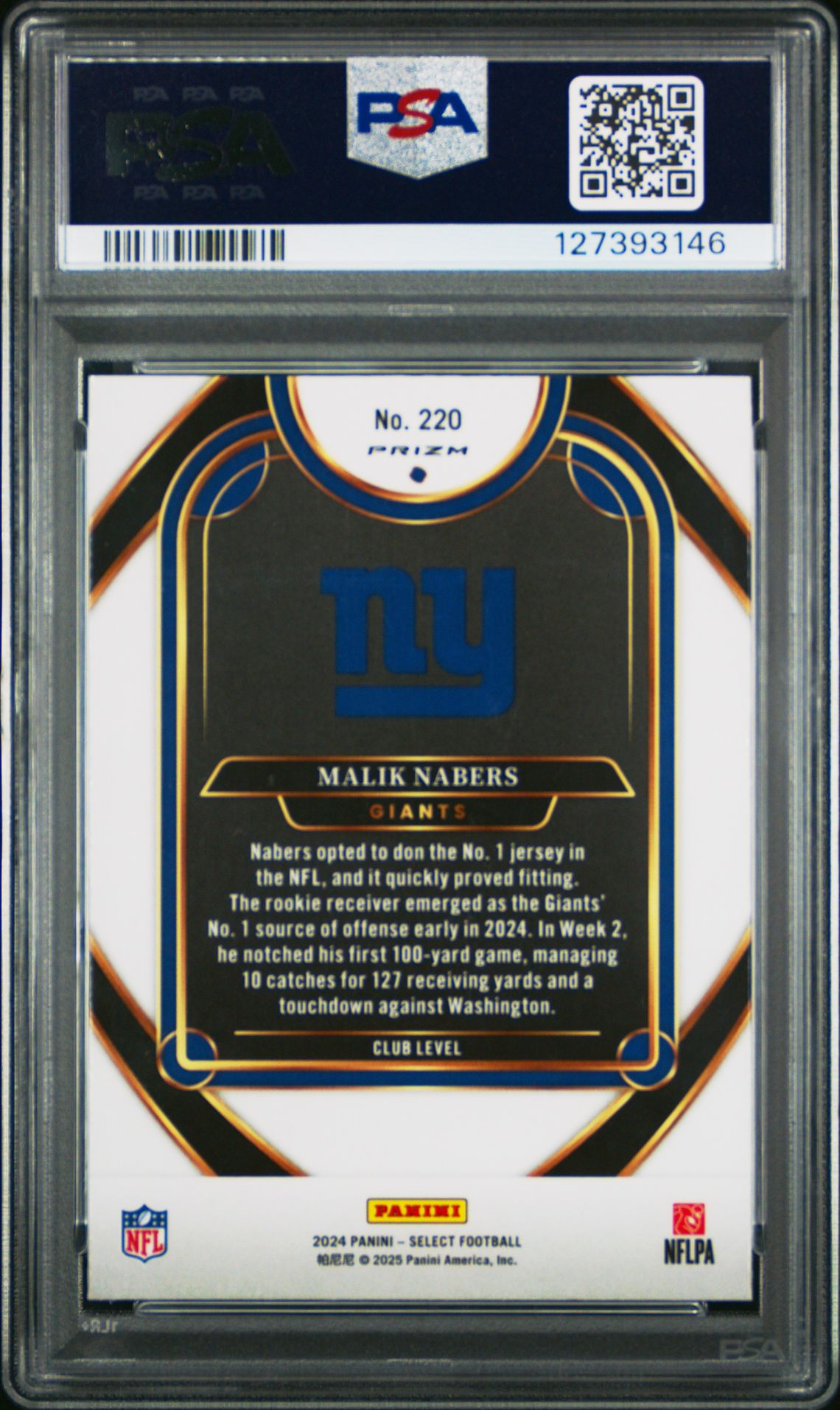 2024 Panini Select Malik Nabers #220 (Black & Red Shock) Gem Mt 10 back