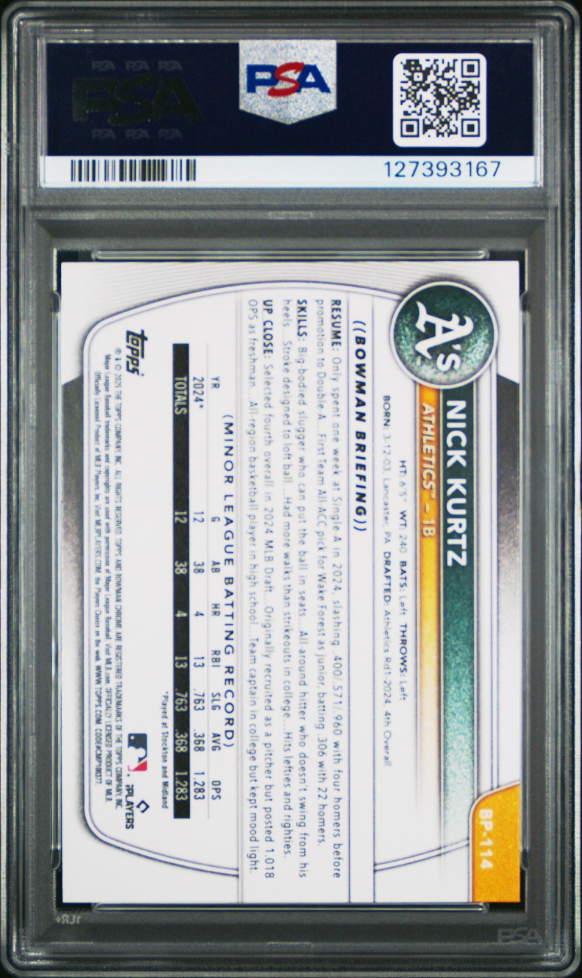 2025 Bowman Paper Prospects Nick Kurtz #Bp114 Gem Mt 10 back