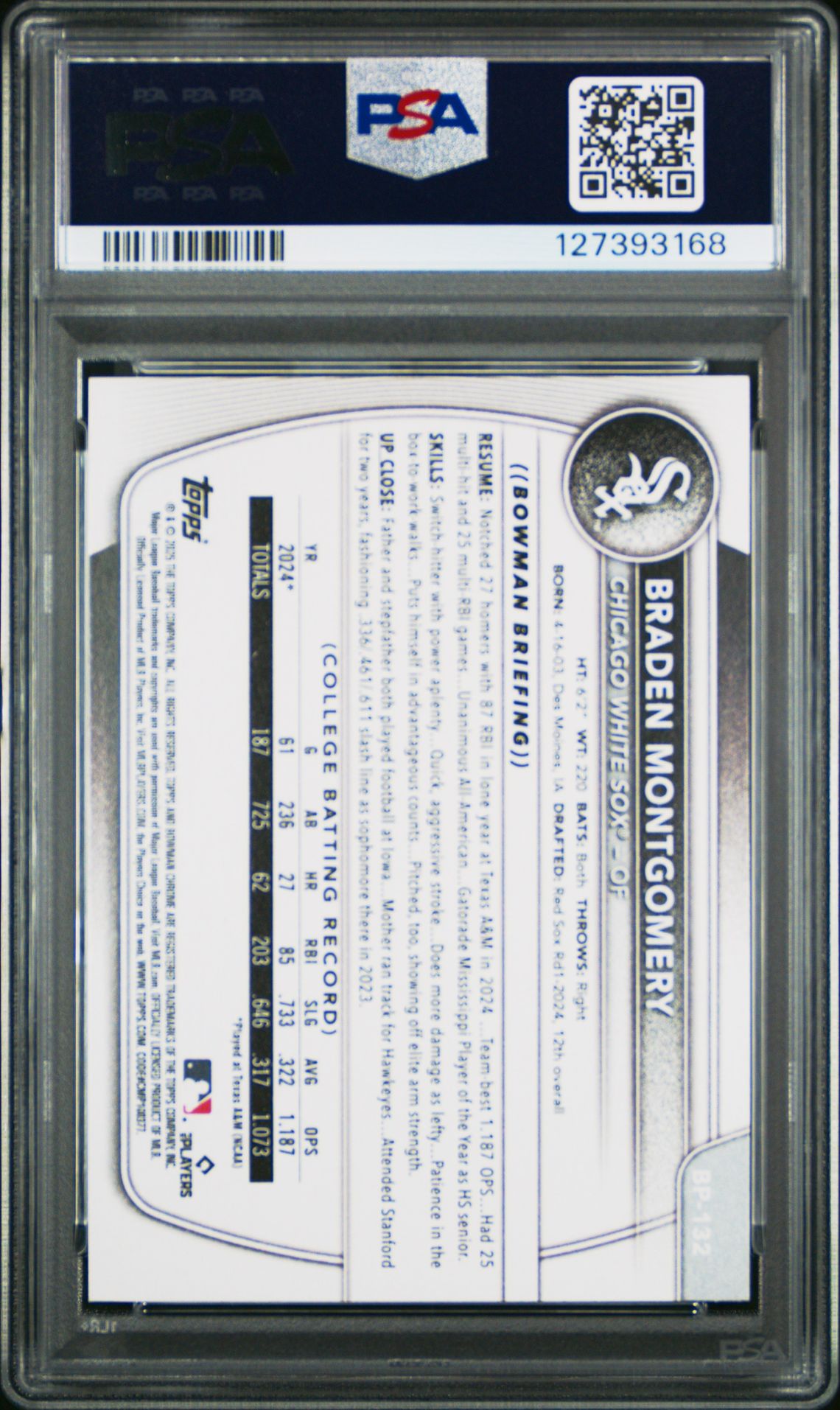 2025 Bowman Paper Prospects Braden Montgomery #Bp132 Gem Mt 10 back