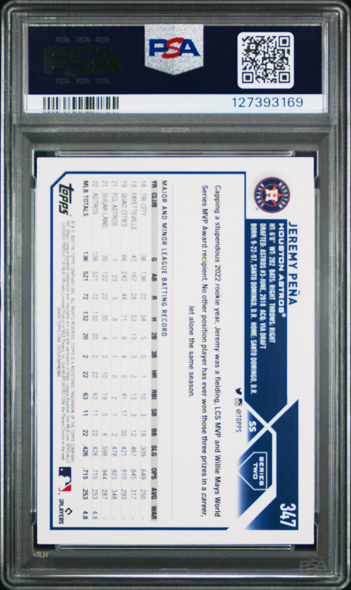 2023 Topps Jeremy Pena #347 Gem Mt 10 back