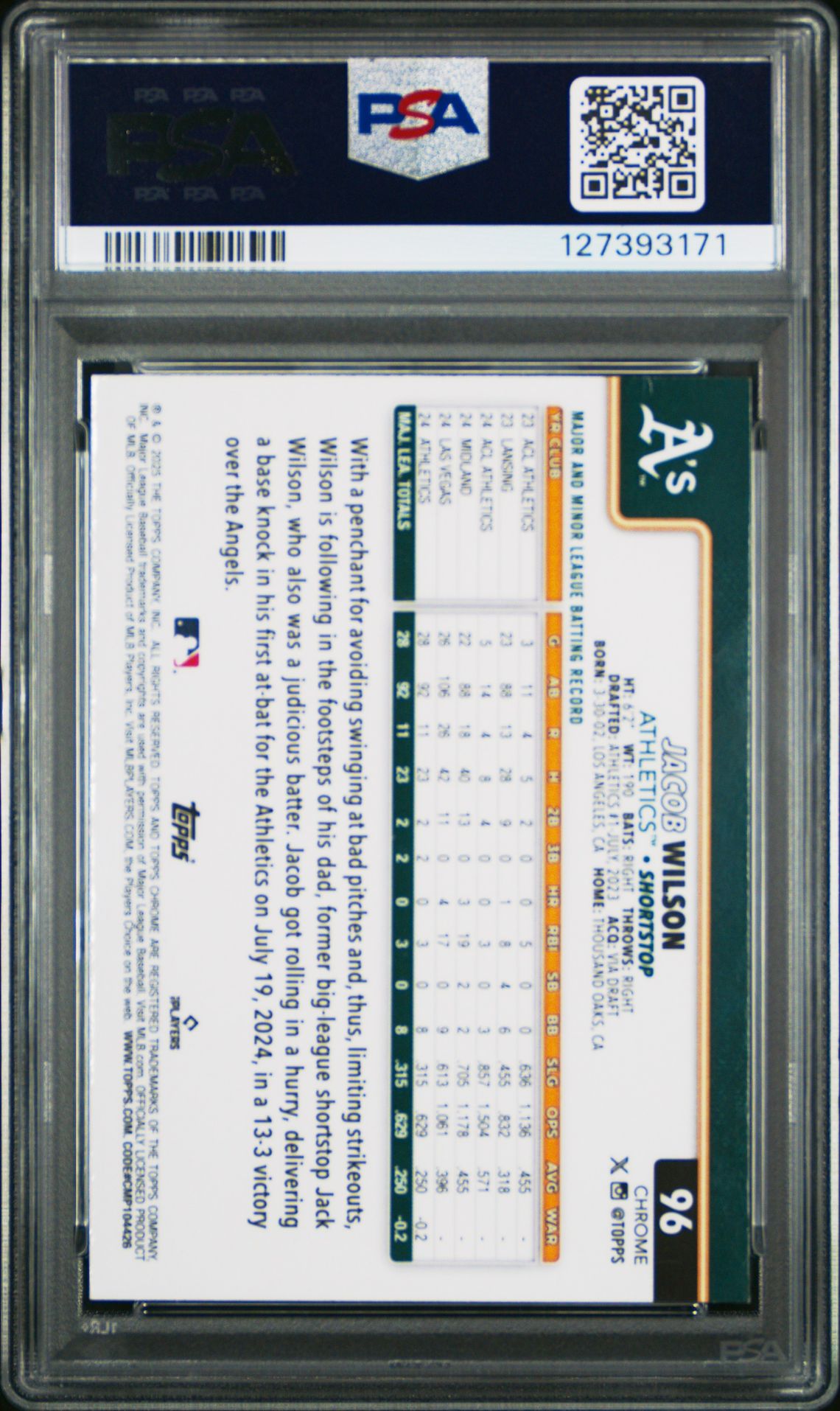 2025 Topps Chrome Jacob Wilson #96 (Raywave) Gem Mt 10 back