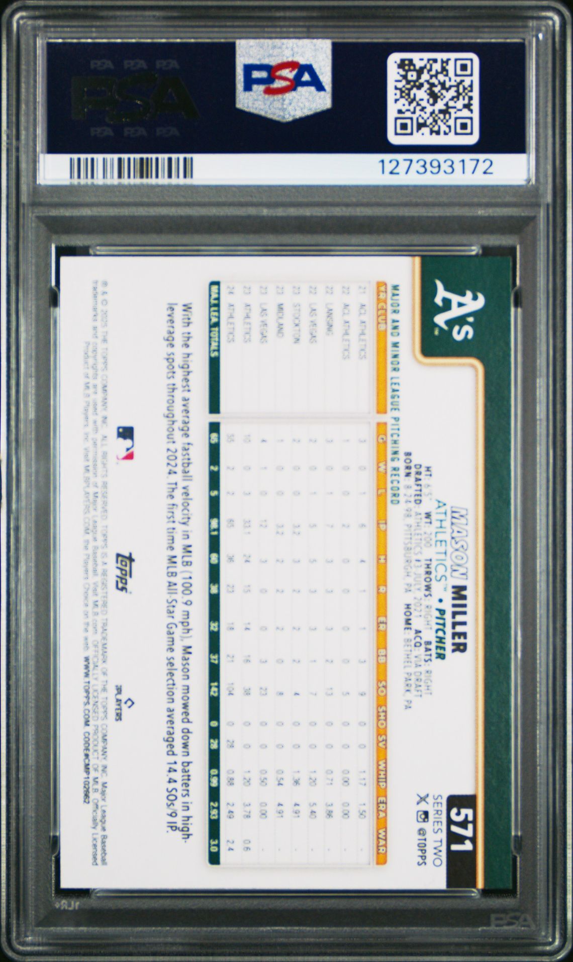 2025 Topps Mason Miller #571 Gem Mt 10 back