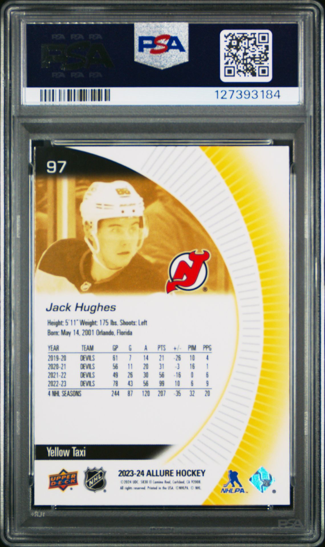 2023 Upper Deck Allure Jack Hughes #97 (Yellow Taxi) Gem Mt 10 back