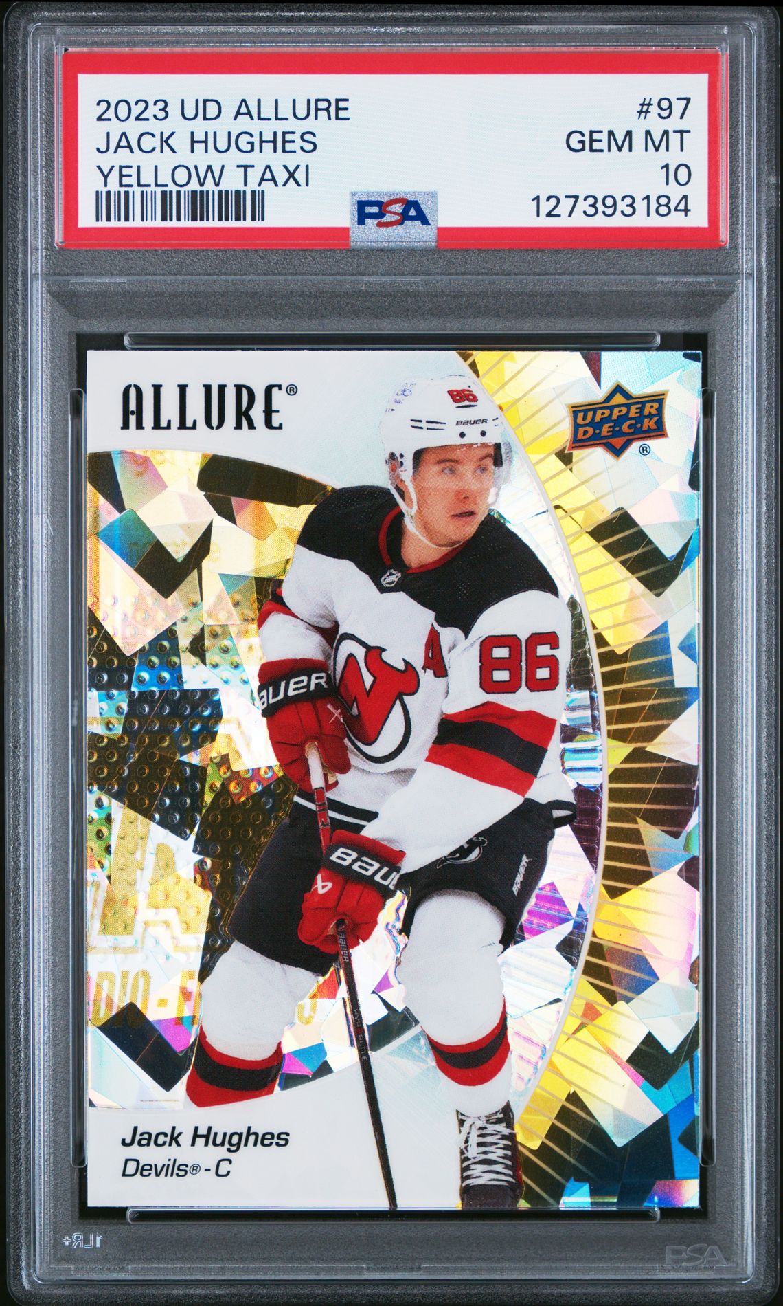 2023 Upper Deck Allure Jack Hughes #97 (Yellow Taxi) Gem Mt 10 front