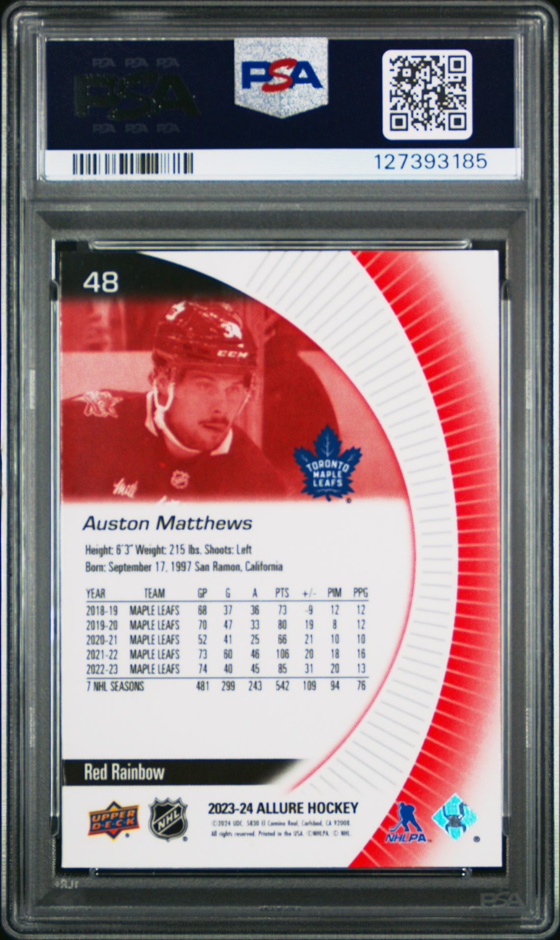 2023 Upper Deck Allure Auston Matthews #48 (Red Rainbow) Gem Mt 10 back