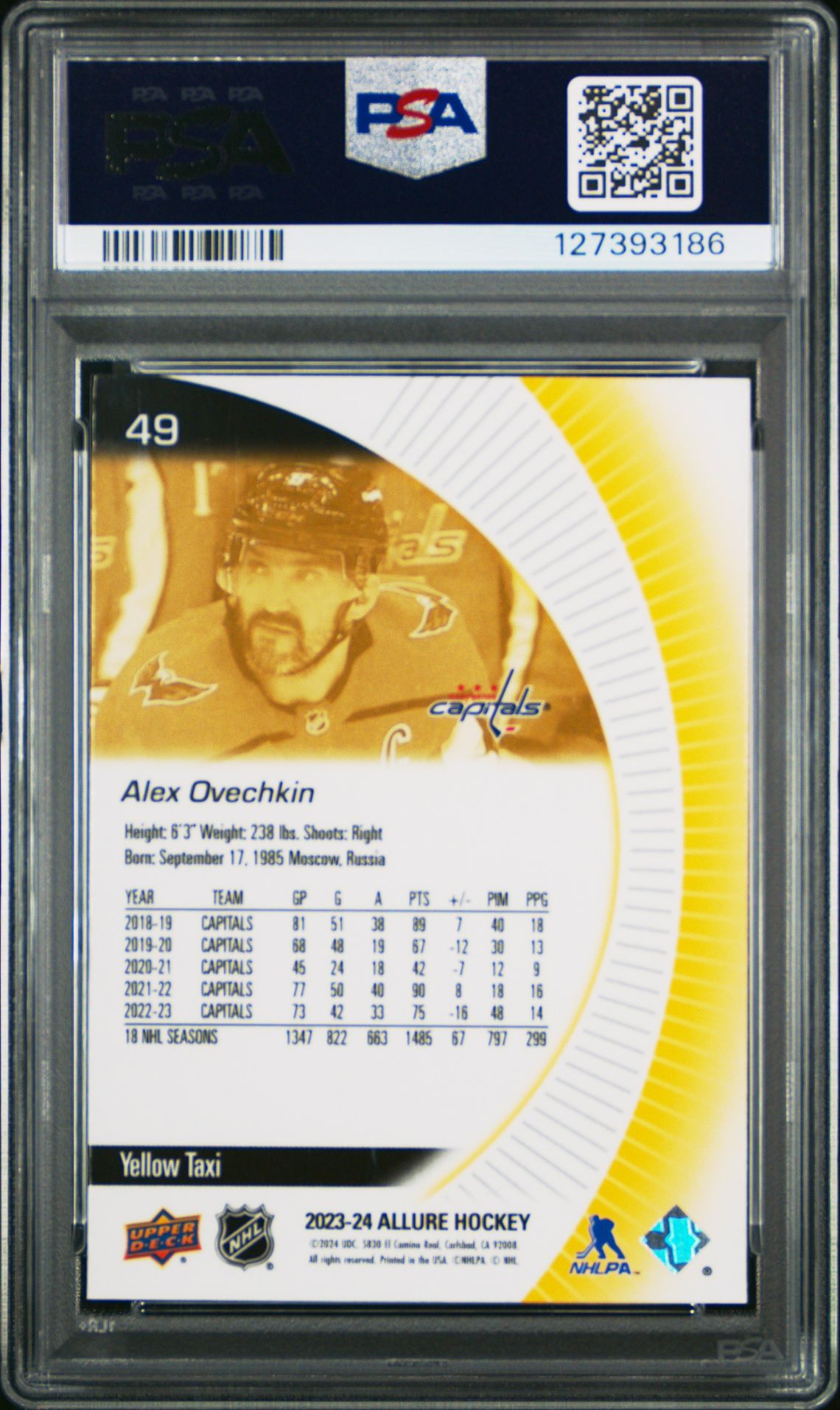 2023 Upper Deck Allure Alex Ovechkin #49 (Yellow Taxi) Gem Mt 10 back