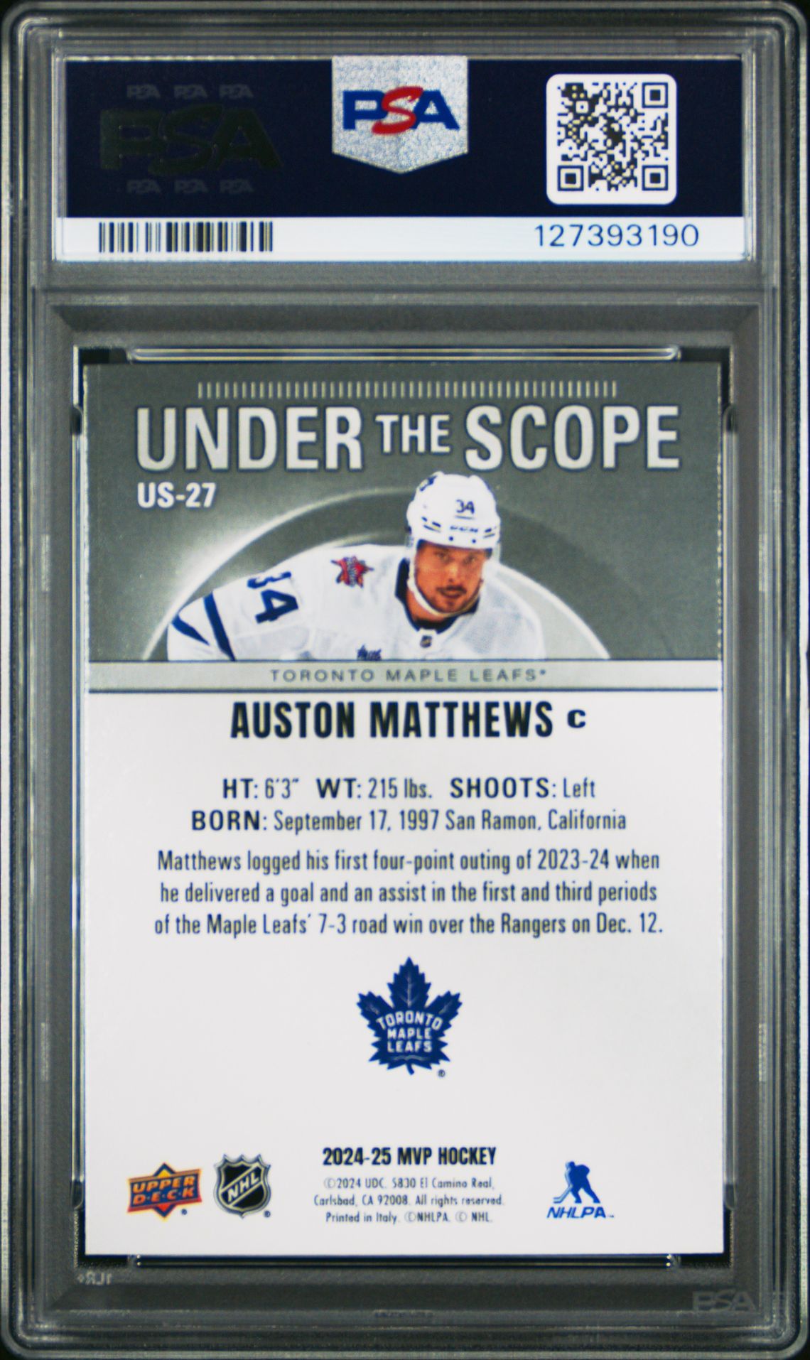 2024 Upper Deck Mvp Under The Scope Auston Matthews #Us27 Gem Mt 10 back