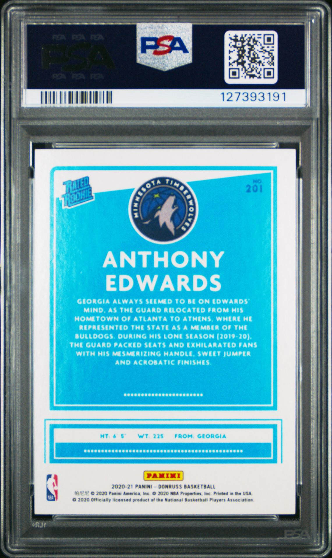 2020 Panini Donruss Anthony Edwards #201 Mint 9 back