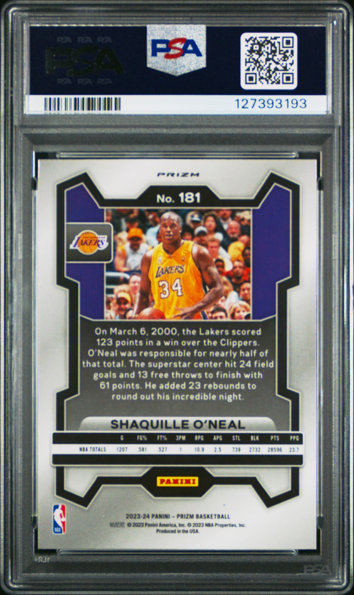 2023 Panini Prizm Shaquille O'neal #181 (Pink Ice) Gem Mt 10 back