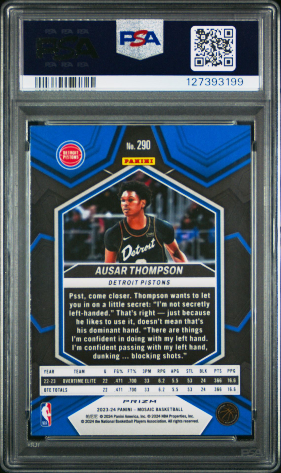 2023 Panini Mosaic Ausar Thompson #290 (Green) Gem Mt 10 back