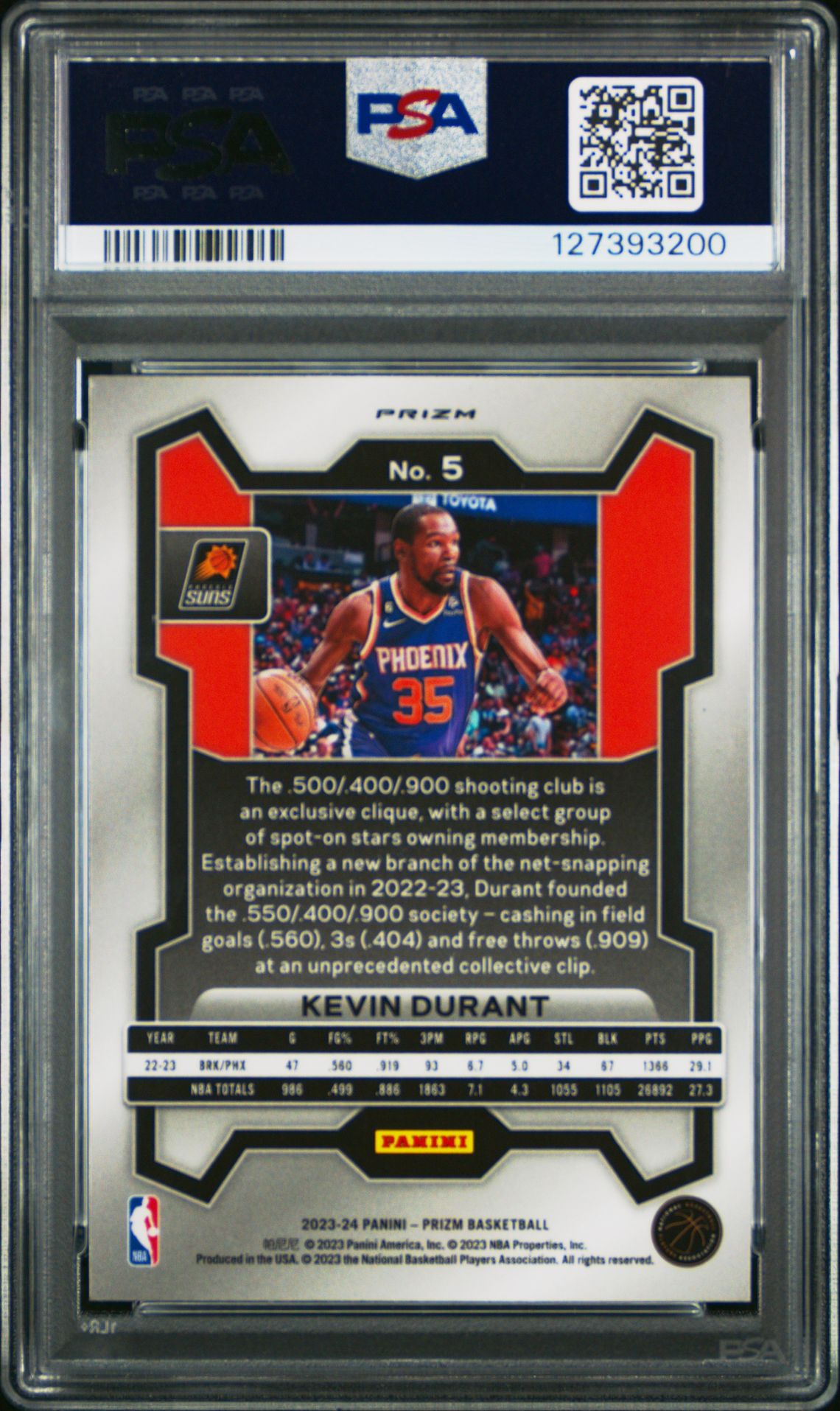 2023 Panini Prizm Kevin Durant #5 (Pink Ice) Gem Mt 10 back