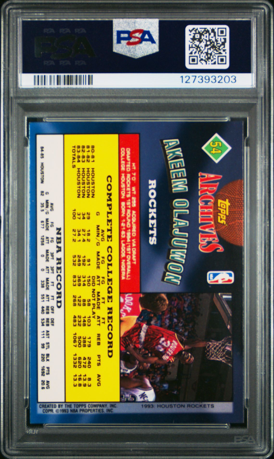 1992 Topps Archives Akeem Olajuwon #54 Gem Mt 10 back