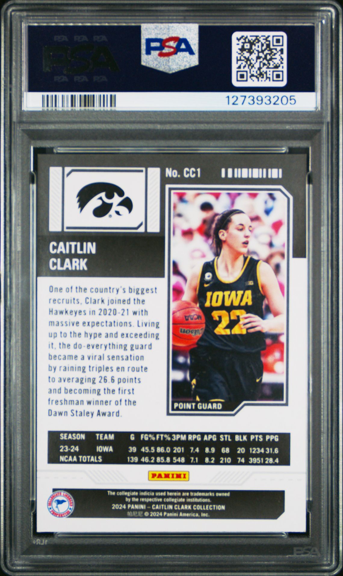 2024 Panini Caitlin Clark Collection College Contenders Caitlin Clark #Cc1 (College Contenders-Target) Gem Mt 10 back