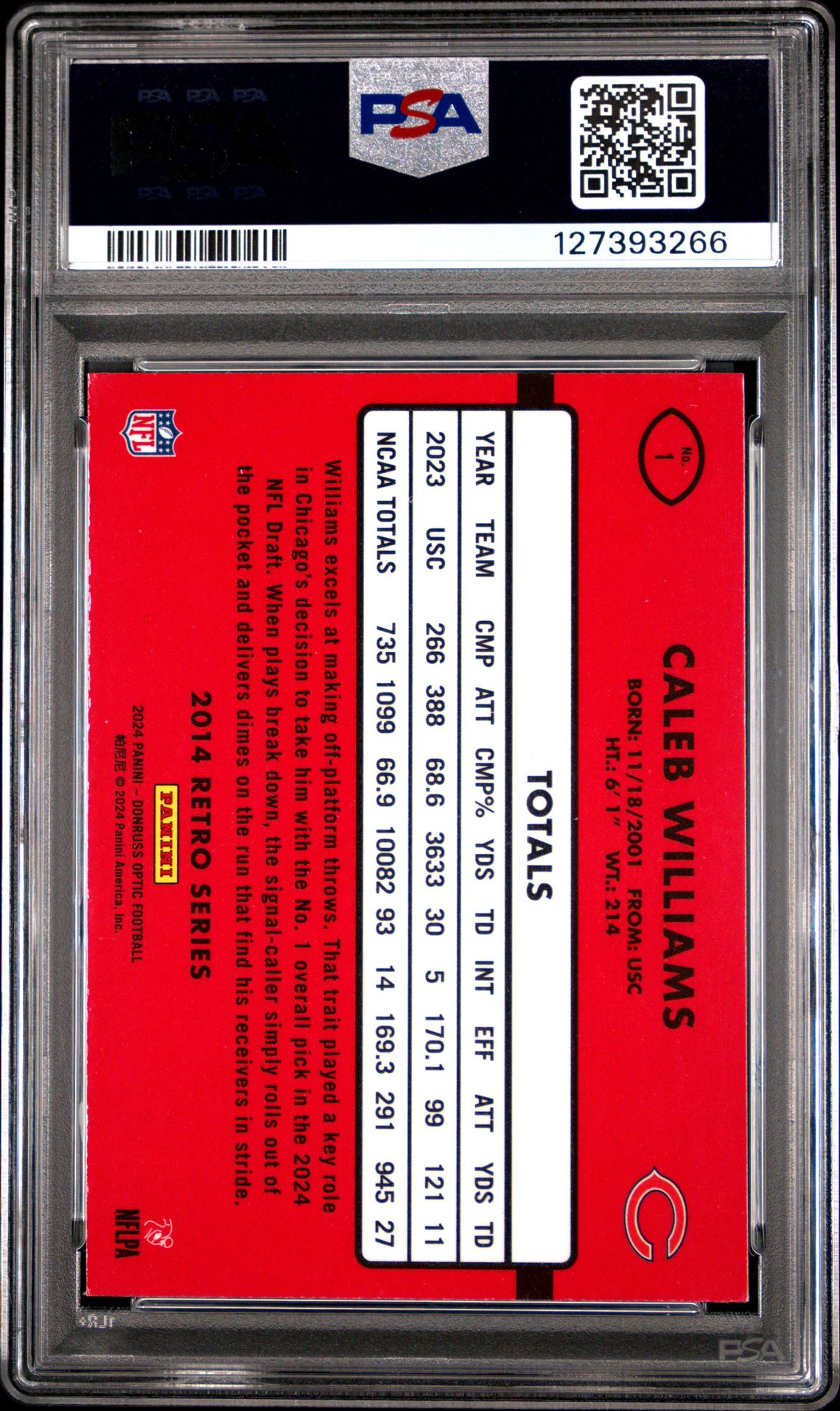 2024 Panini Donruss Optic 2014 Retro Series Caleb Williams #1 Gem Mt 10 back