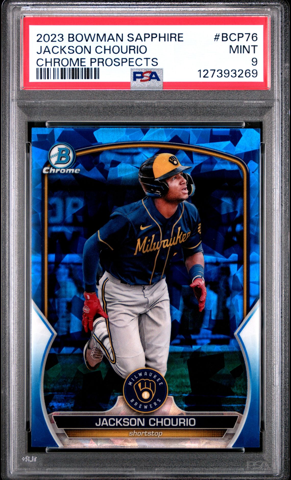 2023 Bowman Sapphire Edition Chrome Prospects Jackson Chourio #Bcp76 (Chrome Prospects) Mint 9 front