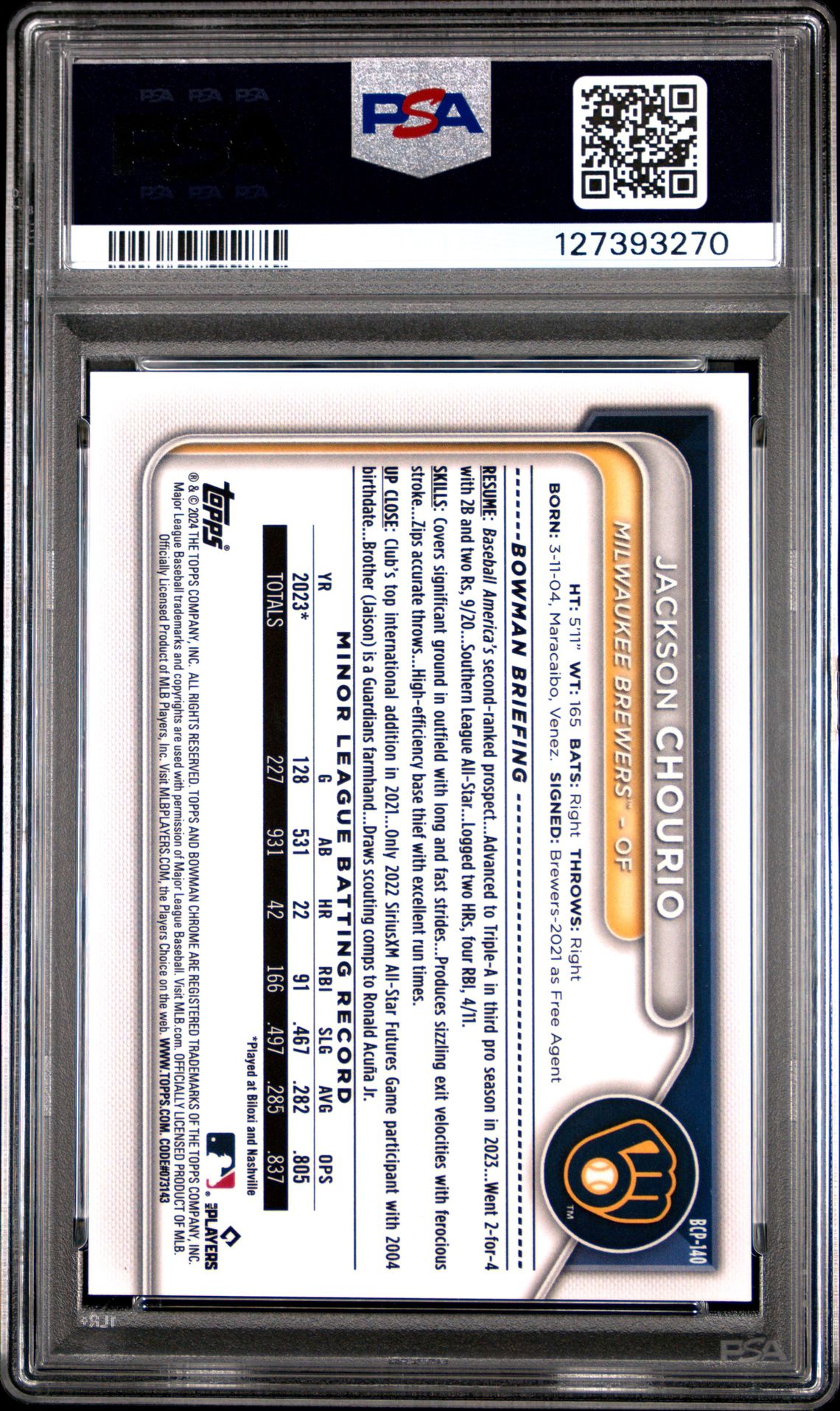 2024 Bowman Chrome Prospects Jackson Chourio #Bcp140 (Chr Prospects-Purple Ref) Mint 9 back