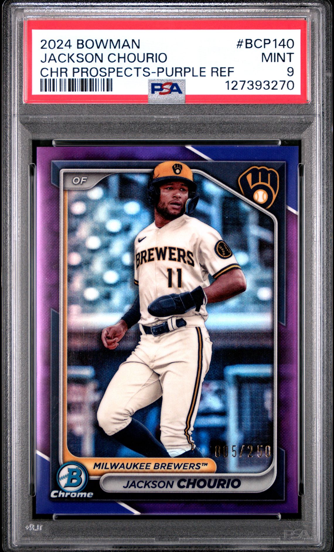 2024 Bowman Chrome Prospects Jackson Chourio #Bcp140 (Chr Prospects-Purple Ref) Mint 9 front