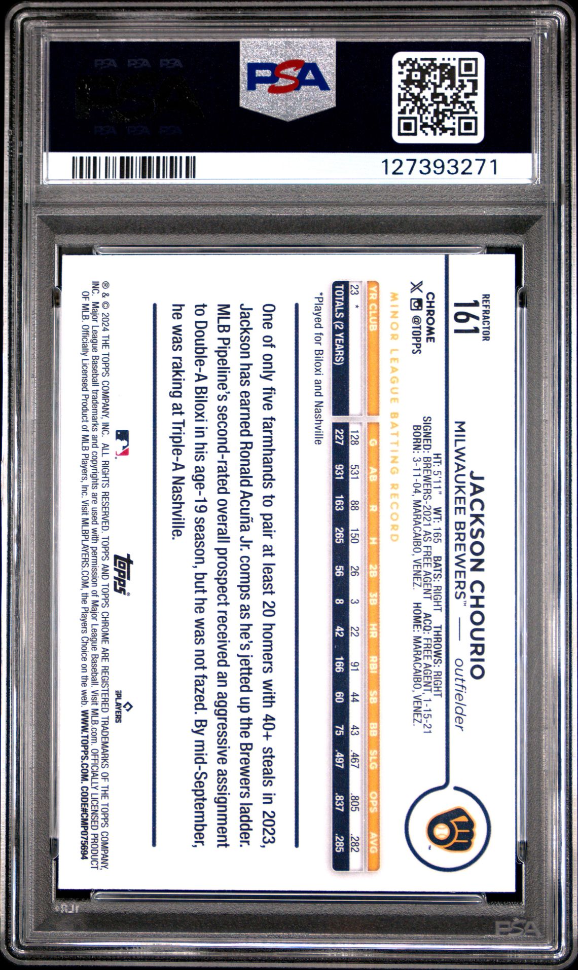 2024 Topps Chrome Jackson Chourio #161 (Refractor) Mint 9 back