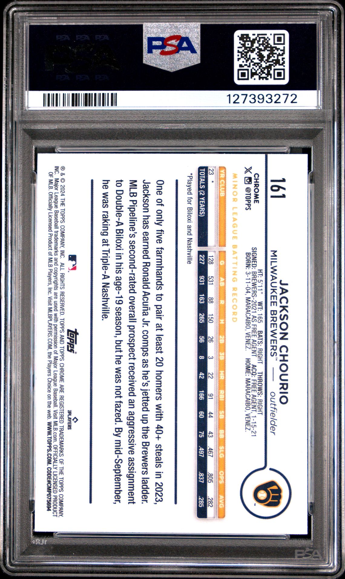 2024 Topps Chrome Jackson Chourio #161 (X-Fractor) Mint 9 back