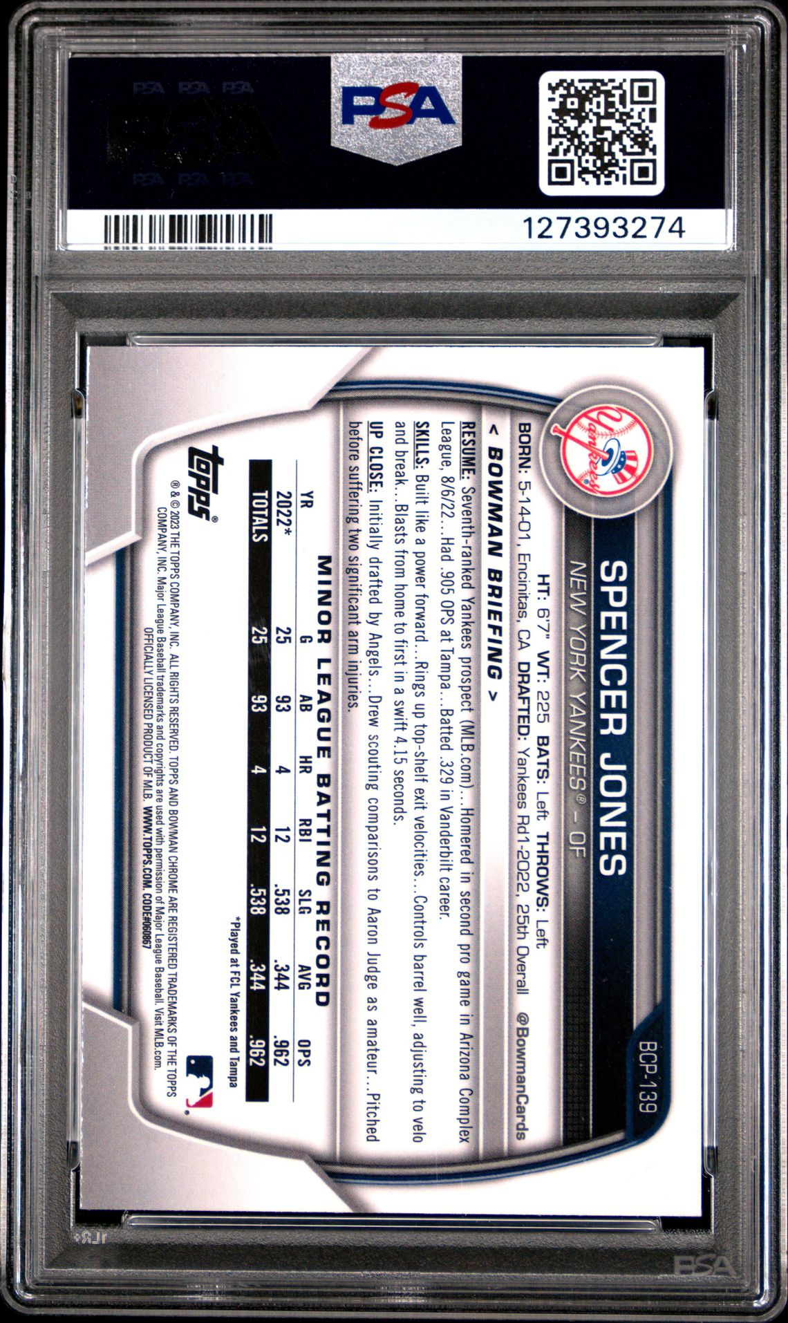 2023 Bowman Mega Box Chrome Spencer Jones #139 (Chrome) Gem Mt 10 back