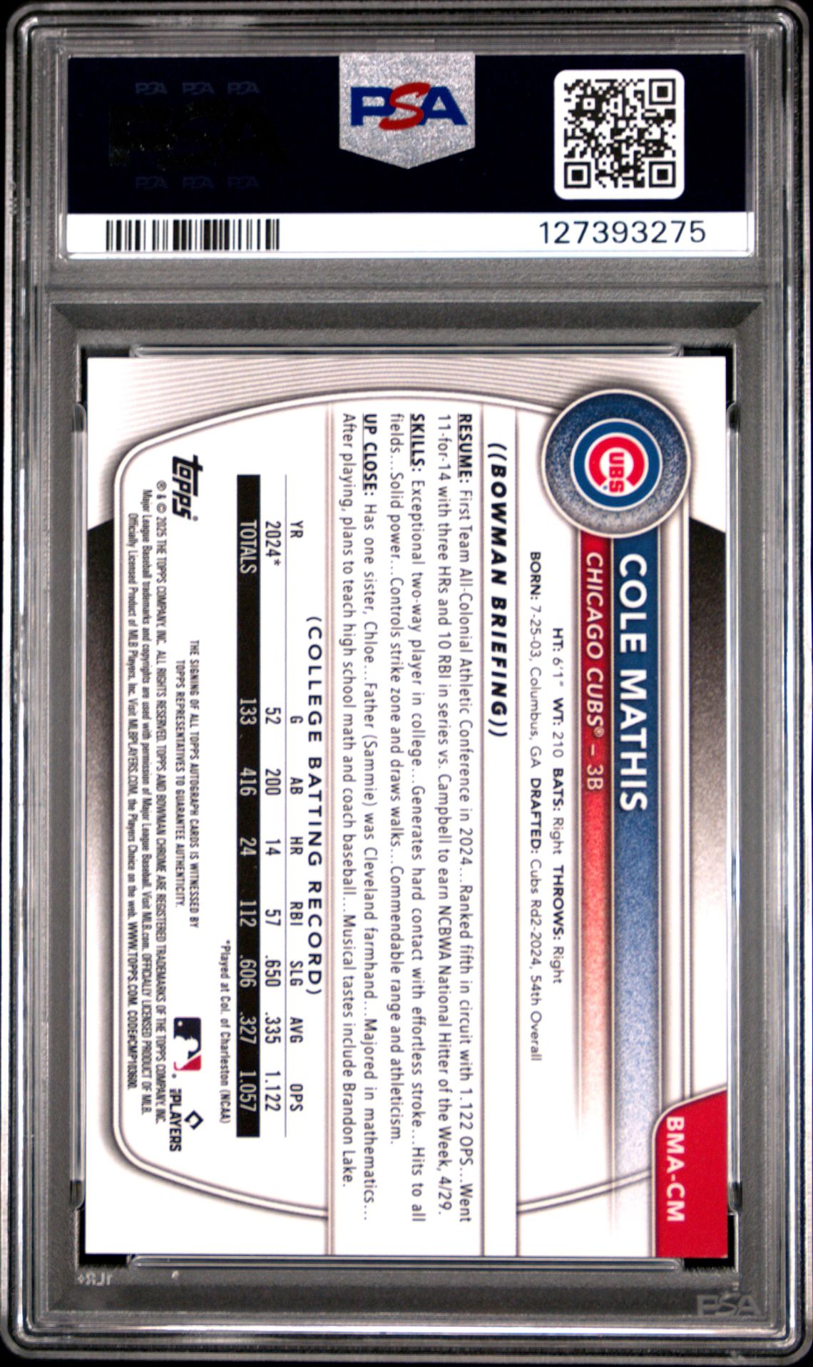 2025 Bowman Mega Box Bowman Prospect Mega Autographs Cole Mathis #Cm (Bwm Pros Mega Au-Gold Ref) Gem Mt 10 back