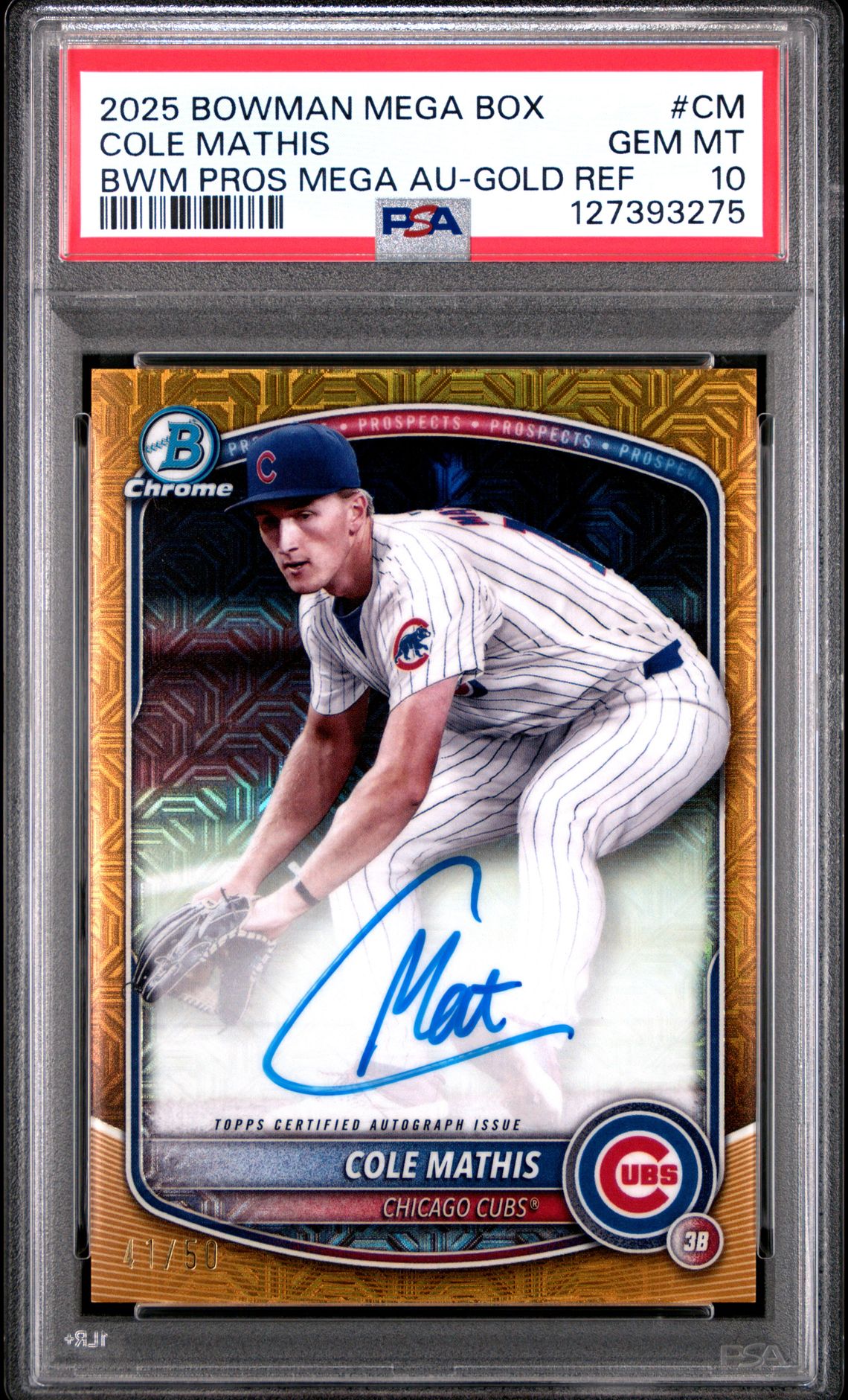 2025 Bowman Mega Box Bowman Prospect Mega Autographs Cole Mathis #Cm (Bwm Pros Mega Au-Gold Ref) Gem Mt 10 front