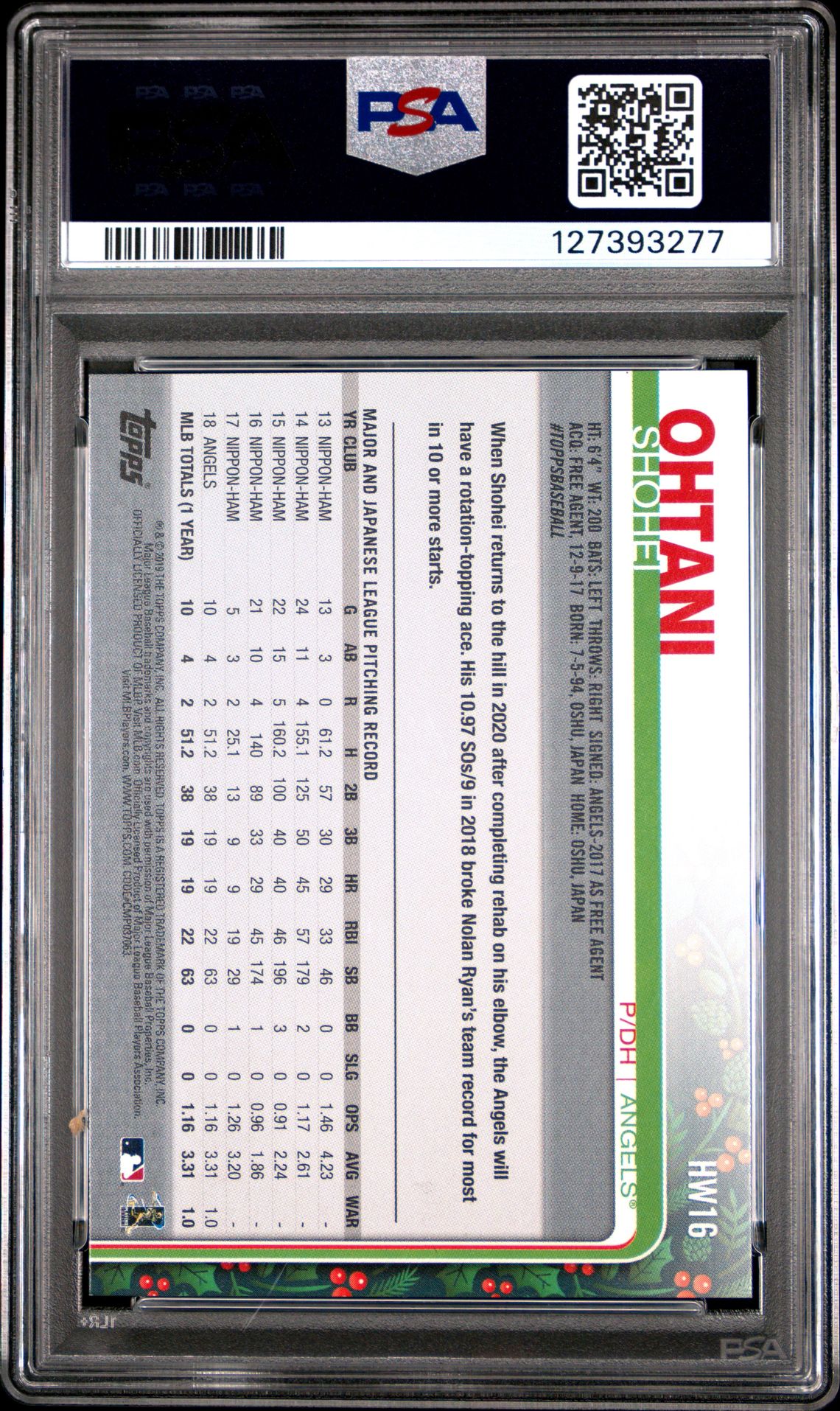 2019 Topps Holiday Shohei Ohtani #16 (Holding Stocking) Gem Mt 10 back