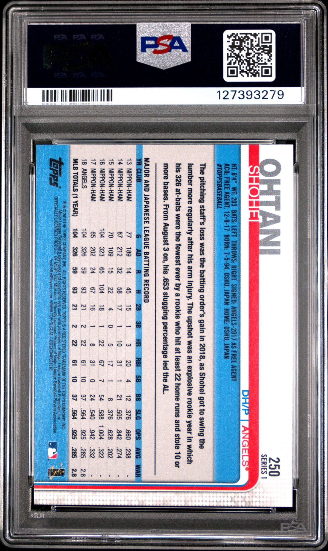 2019 Topps Shohei Ohtani #250 Gem Mt 10 back