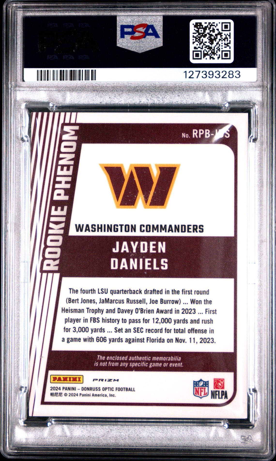 2024 Panini Donruss Optic Rookie Phenoms Relics Jayden Daniels #Rpbjds (Rookie Phenoms Relic) Gem Mt 10 back