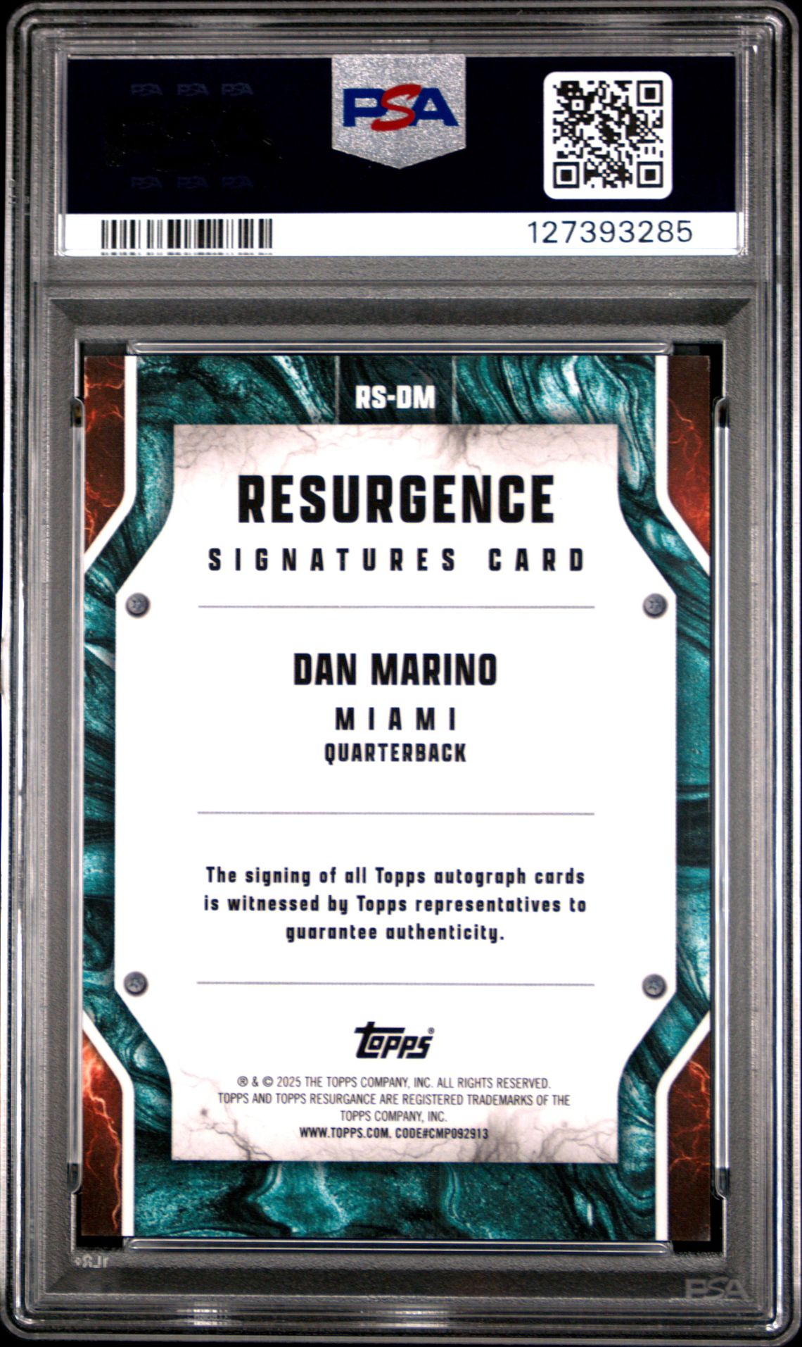 2024 Topps Resurgence Resurgence Signatures Dan Marino #Rsdm (Resurgence Sig-Pink Static) Gem Mt 10 back