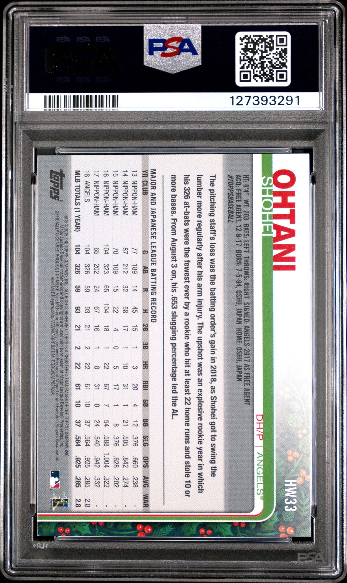 2019 Topps Holiday Shohei Ohtani #33 (Candy In Back Pocket) Mint 9 back