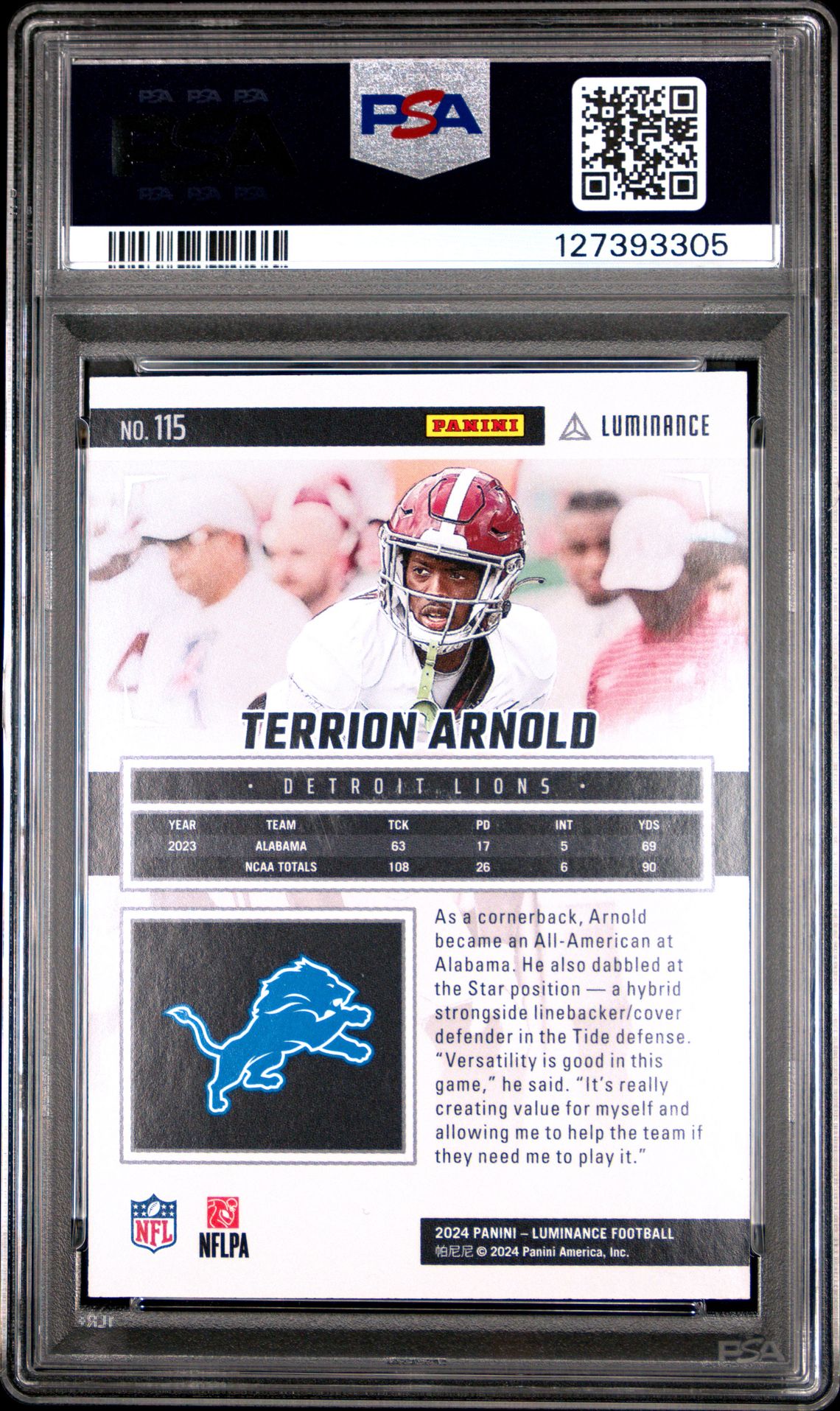 2024 Panini Luminance Terrion Arnold #115 (Gold) Gem Mt 10 back