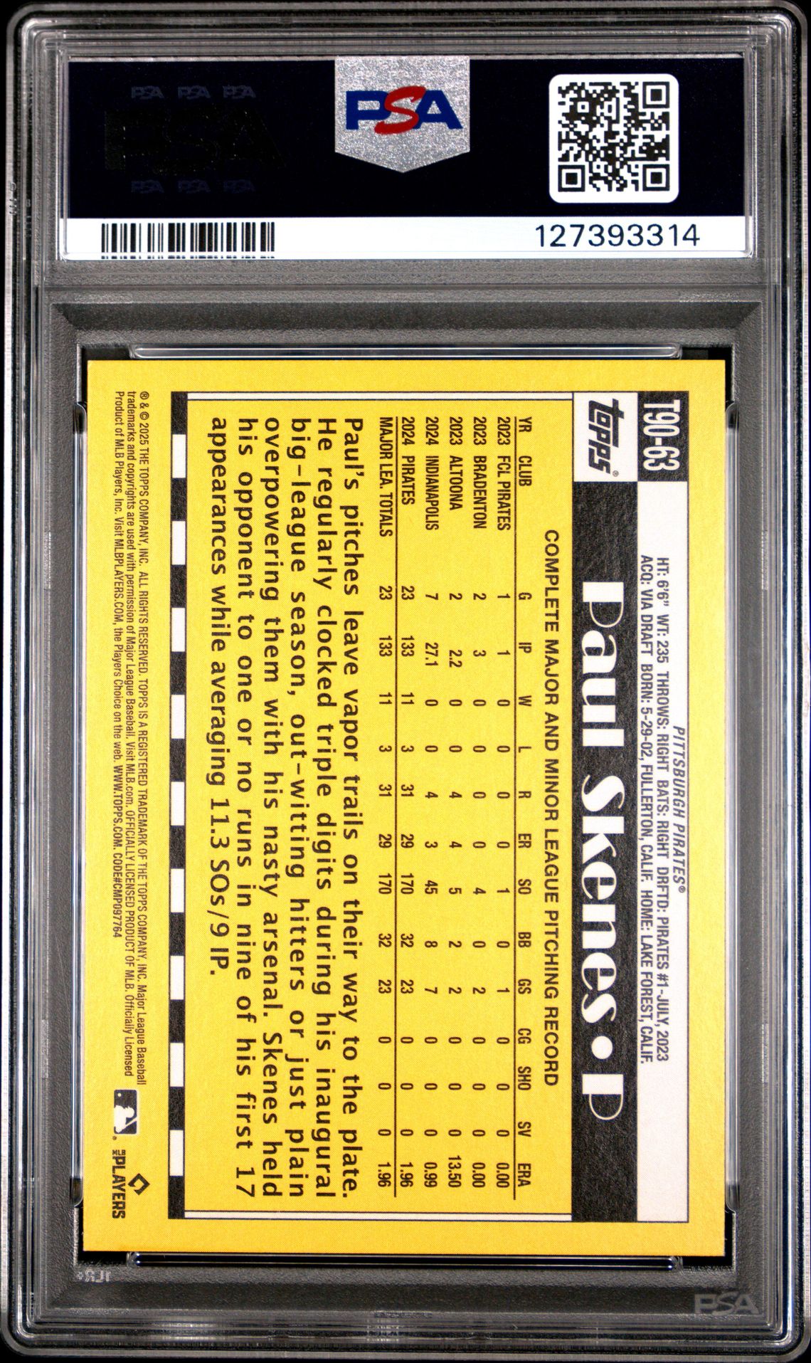 2025 Topps 1990 Topps Baseball Paul Skenes #T90-63 Gem Mt 10 back