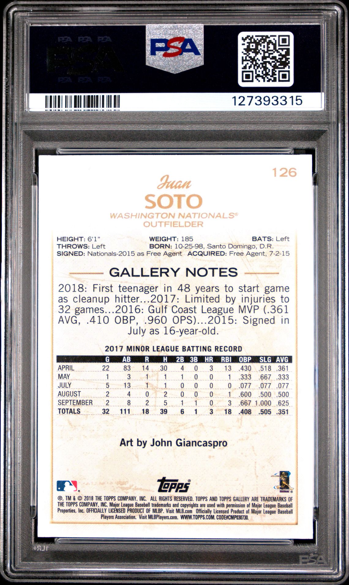 2018 Topps Gallery Juan Soto #126 (Wood) Mint 9 back