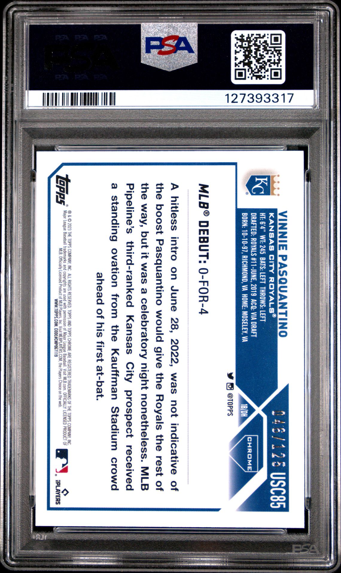 2023 Topps Chrome Update Vinnie Pasquantino #Usc85 (Blue/Green Lava Lamp Ref) Gem Mt 10 back