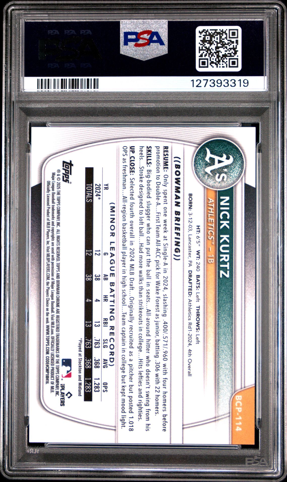 2025 Bowman Chrome Prospects Nick Kurtz #Bcp114 (Chr Pros-Orange Geometric) Gem Mt 10 back