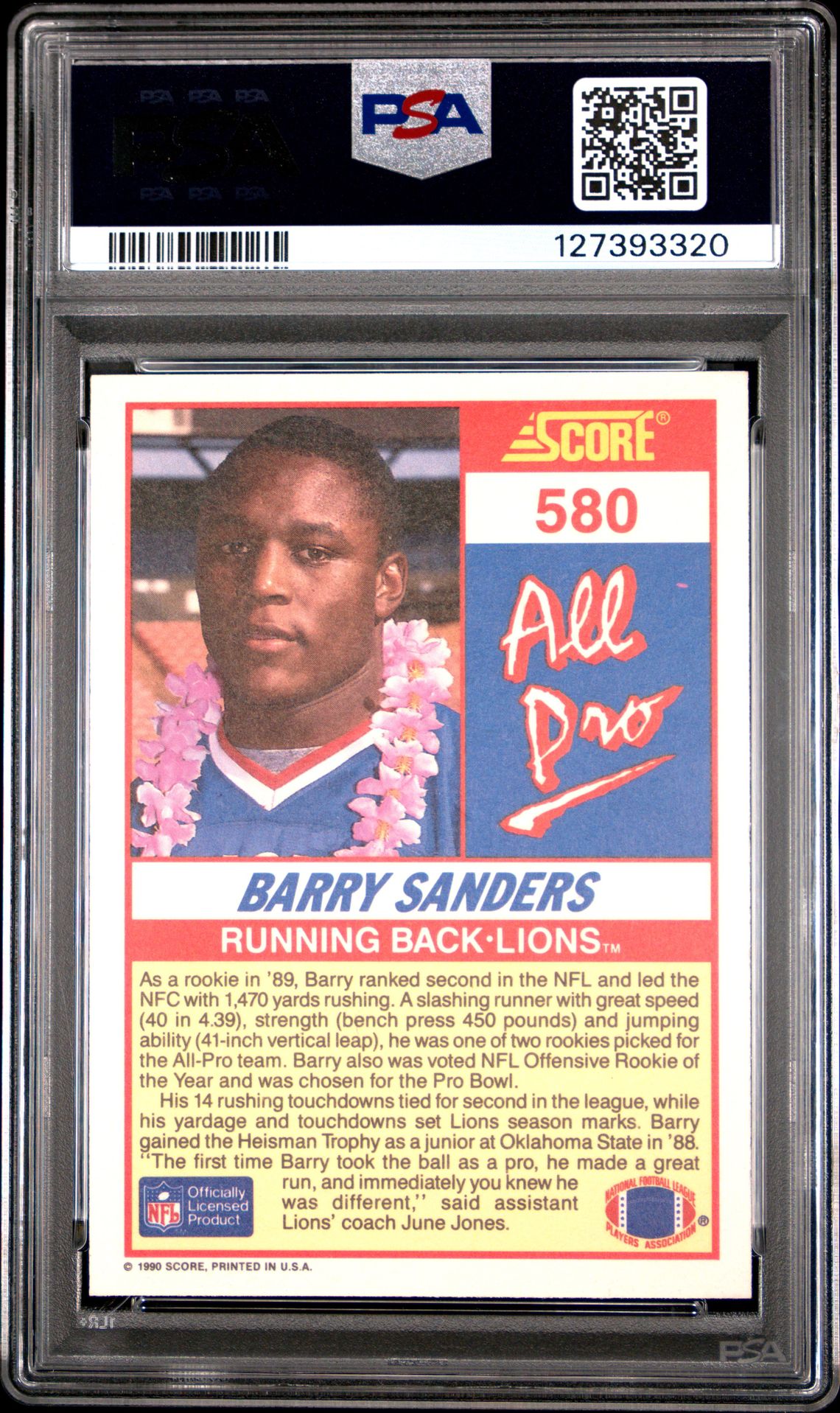 1990 Score Barry Sanders #580 Mint 9 back