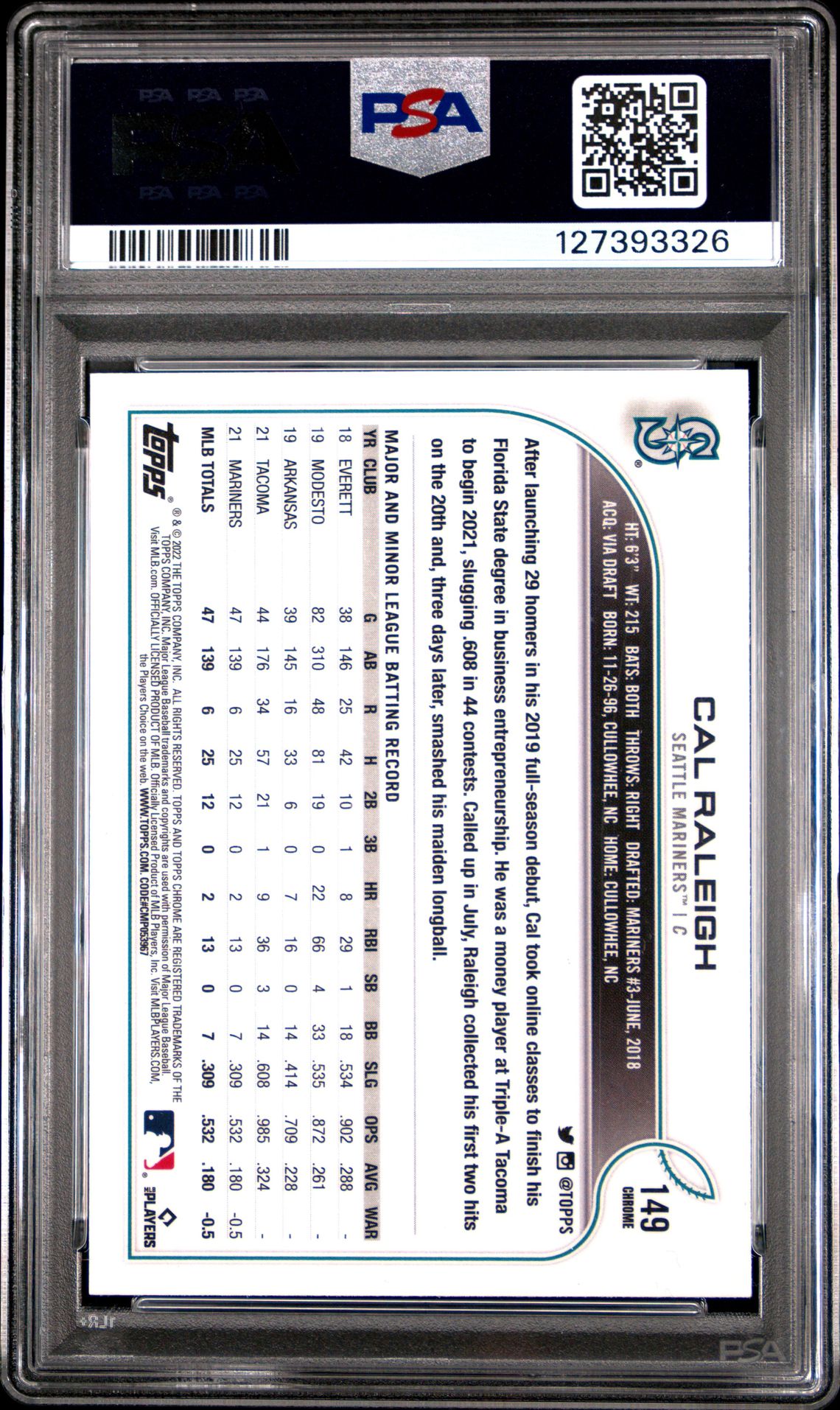 2022 Topps Chrome Cal Raleigh #149 (Pink Refractor) Gem Mt 10 back