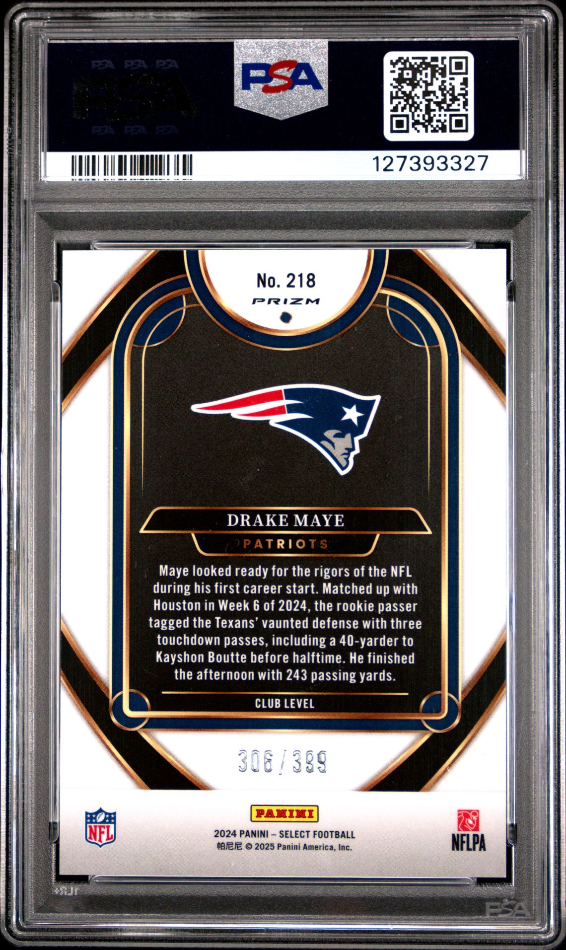 2024 Panini Select Drake Maye #218 (Orange Shock) Gem Mt 10 back