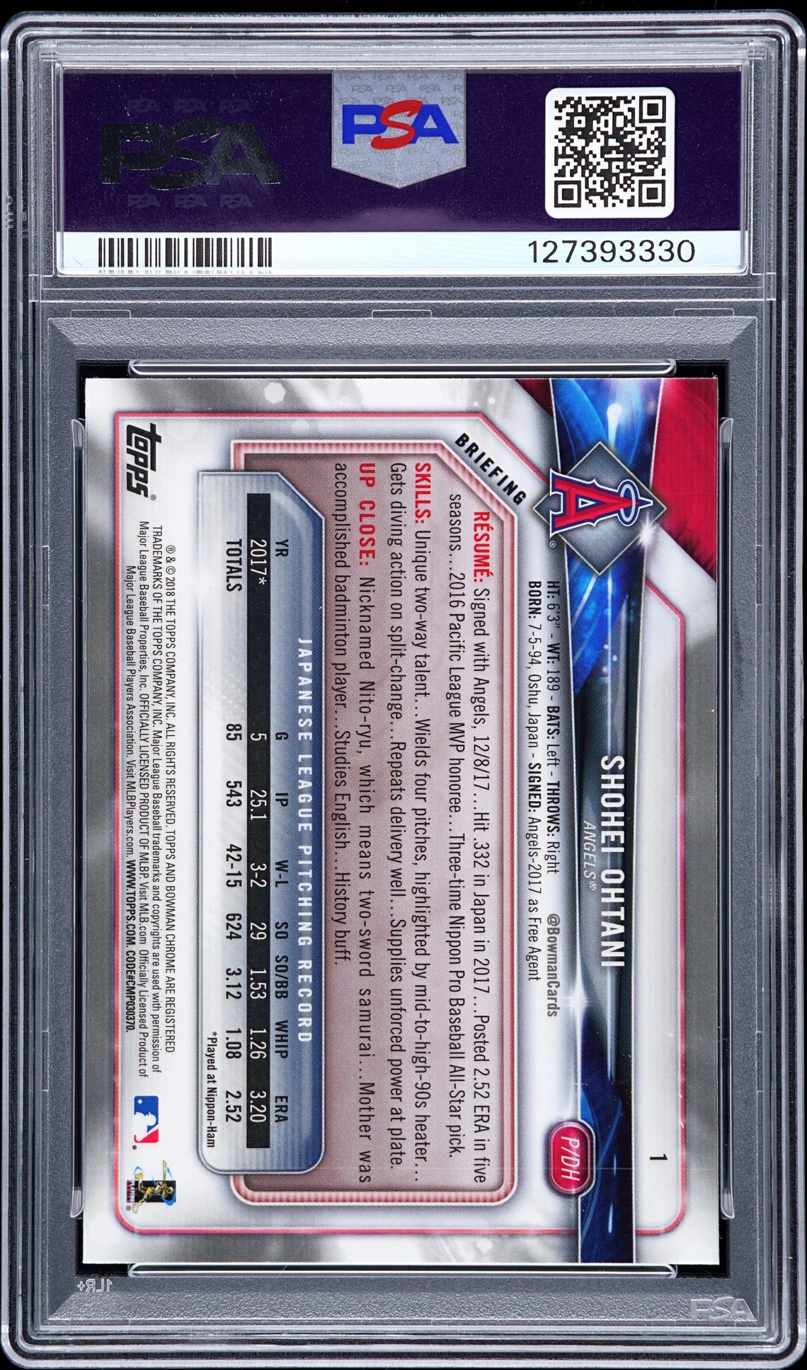 2018 Bowman Chrome Shohei Ohtani #1 Gem Mt 10 back