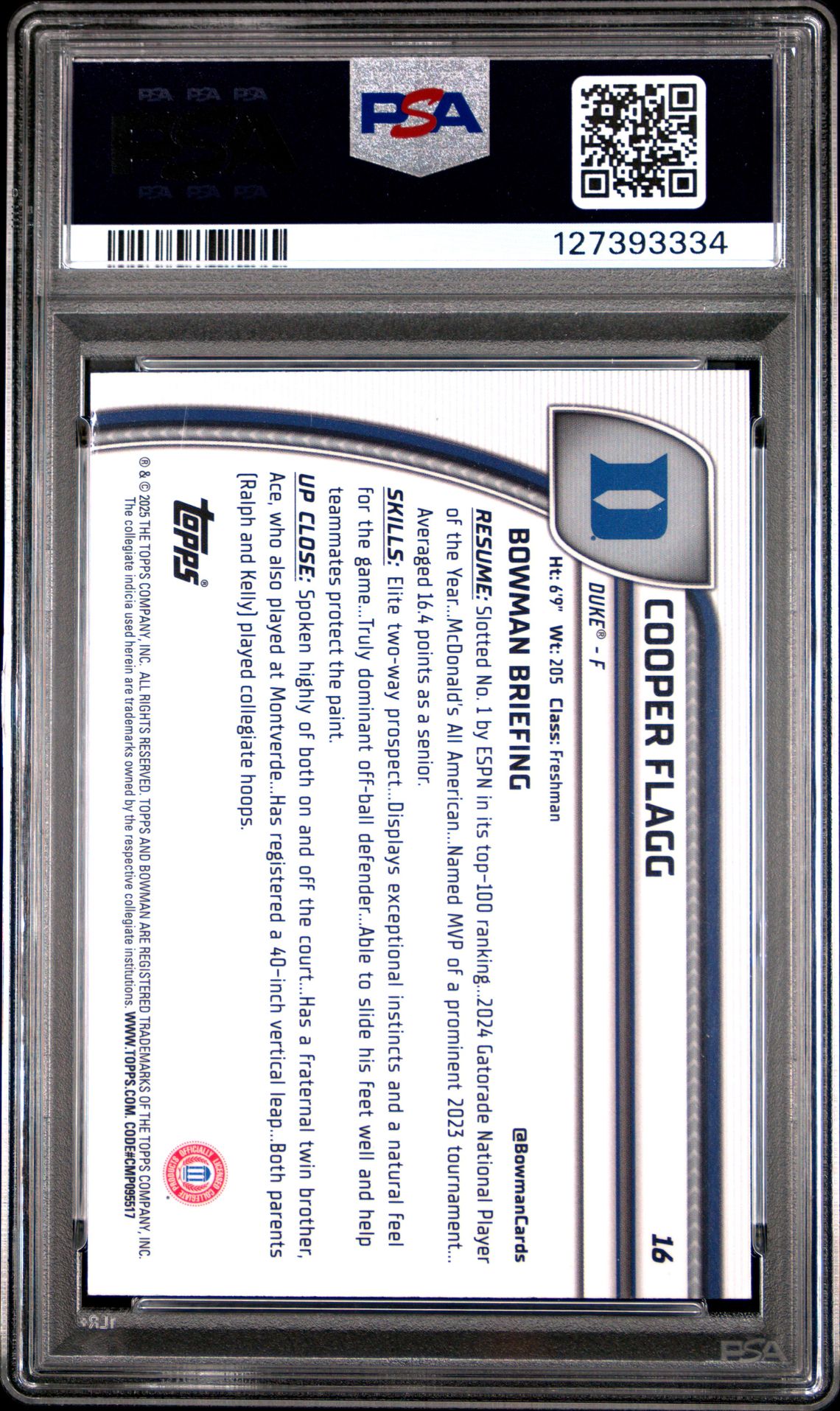 2024 Bowman Chrome University Cooper Flagg #16 (Green Shimmer) Gem Mt 10 back